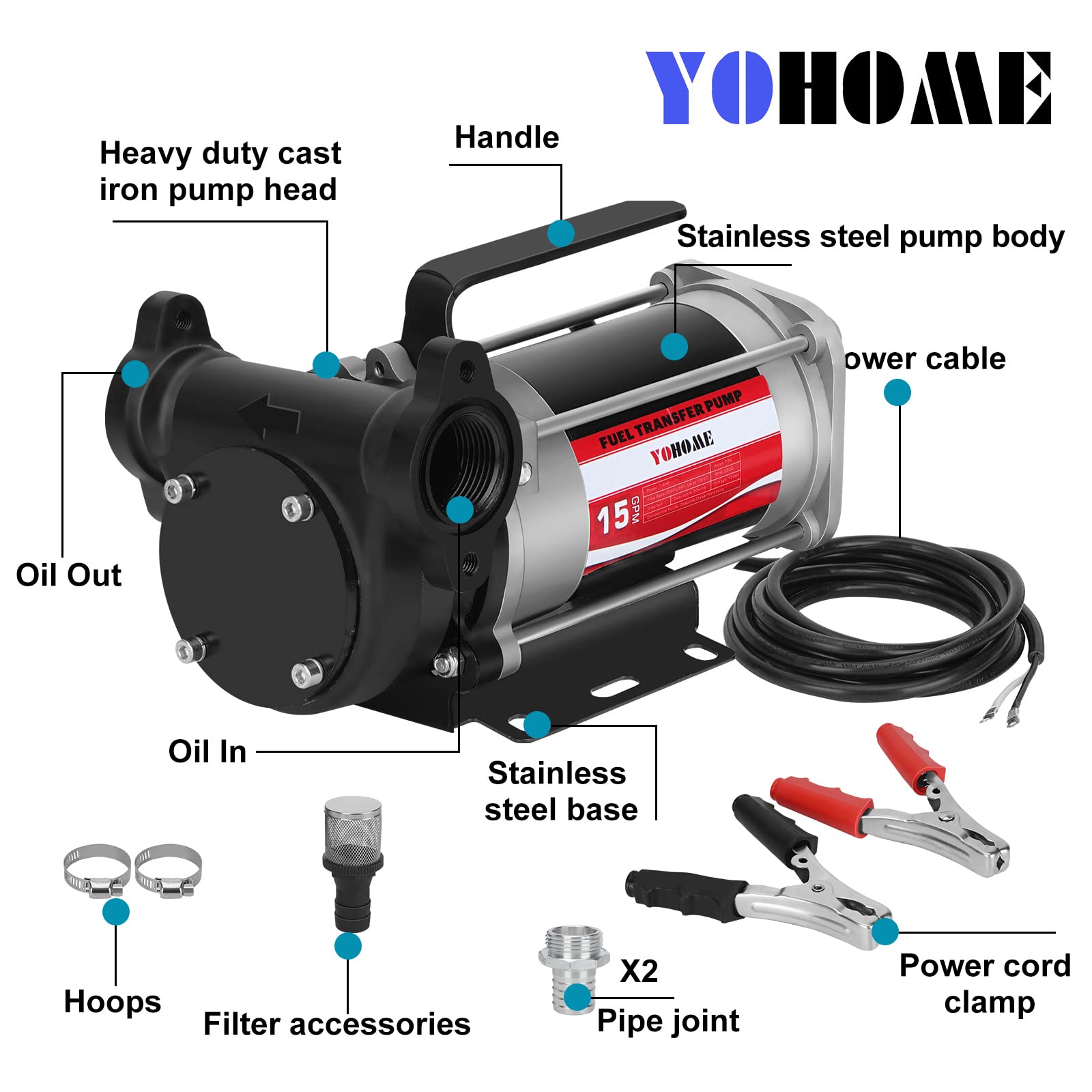 Fuel Transfer Pump Yohome Dc 12V Heavy-Duty Cast Iron Gasoline Transfer Pump, 15Gpm, Overheating Stability, Built-In Bypass Gasoline Pump Applicable To Gasoline, Diesel, Kerosene