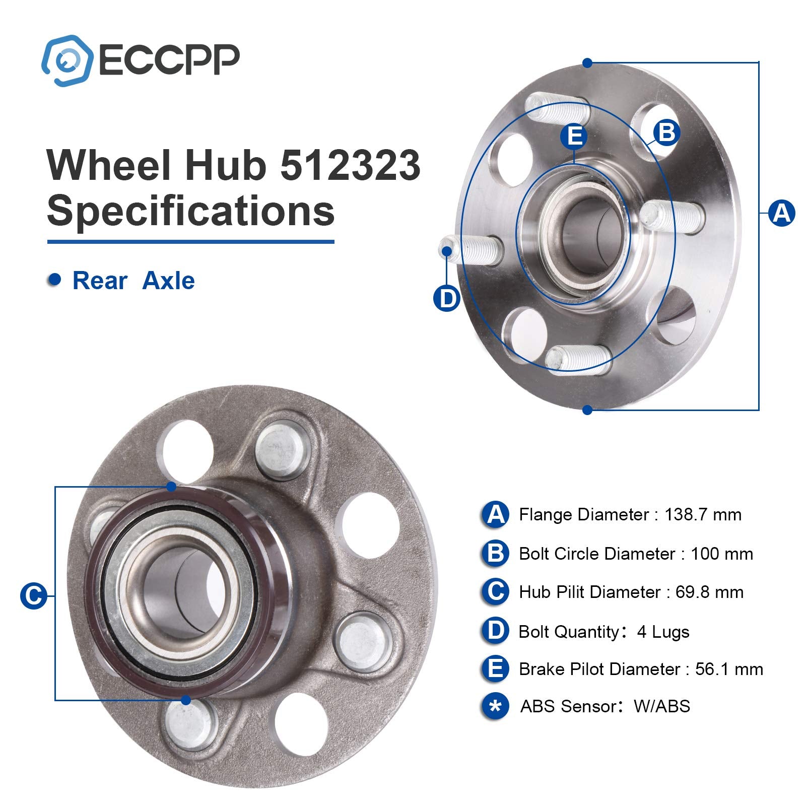 ECCPP Rear 4 Lugs Wheel Bearing and Hub Assembly For 2007-2013 For Honda Fit 2010-2013 For Honda Insight Wheel Hub Bearings W/AB