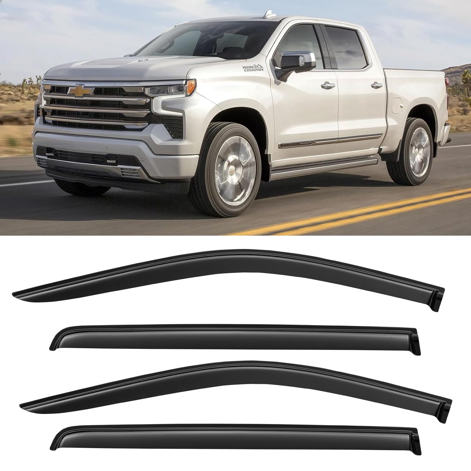 Window Rain Guards For 2019-2024 Chevy Silverado/Gmc Sierra 1500 Crew Cab, Out-Channel Window Vent Wind Visors Shades Deflectors