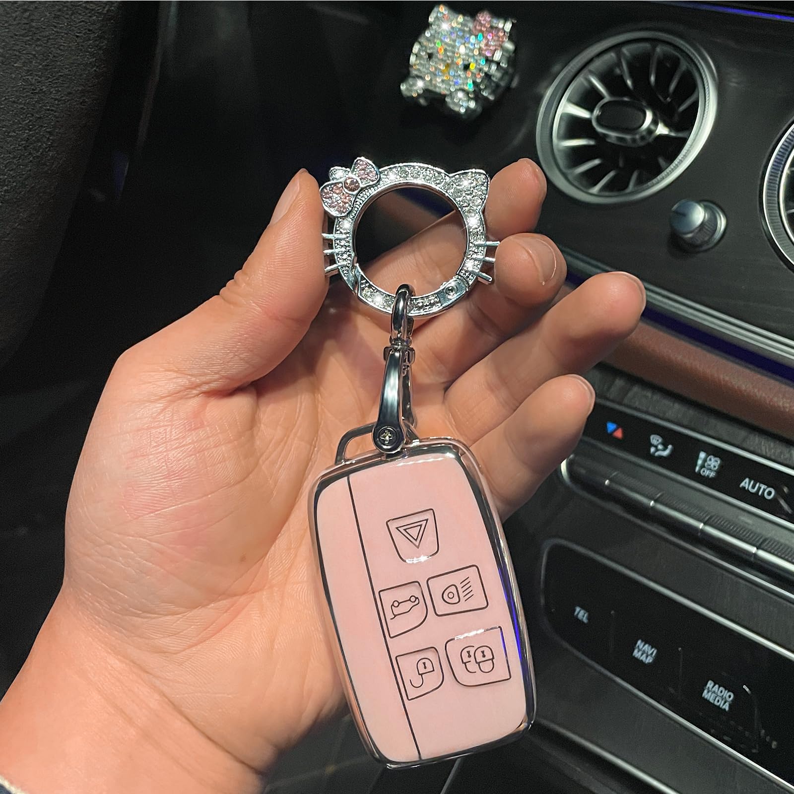 Pangpai Pink Car Accessories 3 Pcs for 2022 Honda Accord Civic CRV Pilot Odyssey 11th Gen Key Fob Cover with Bling Keychain Cute