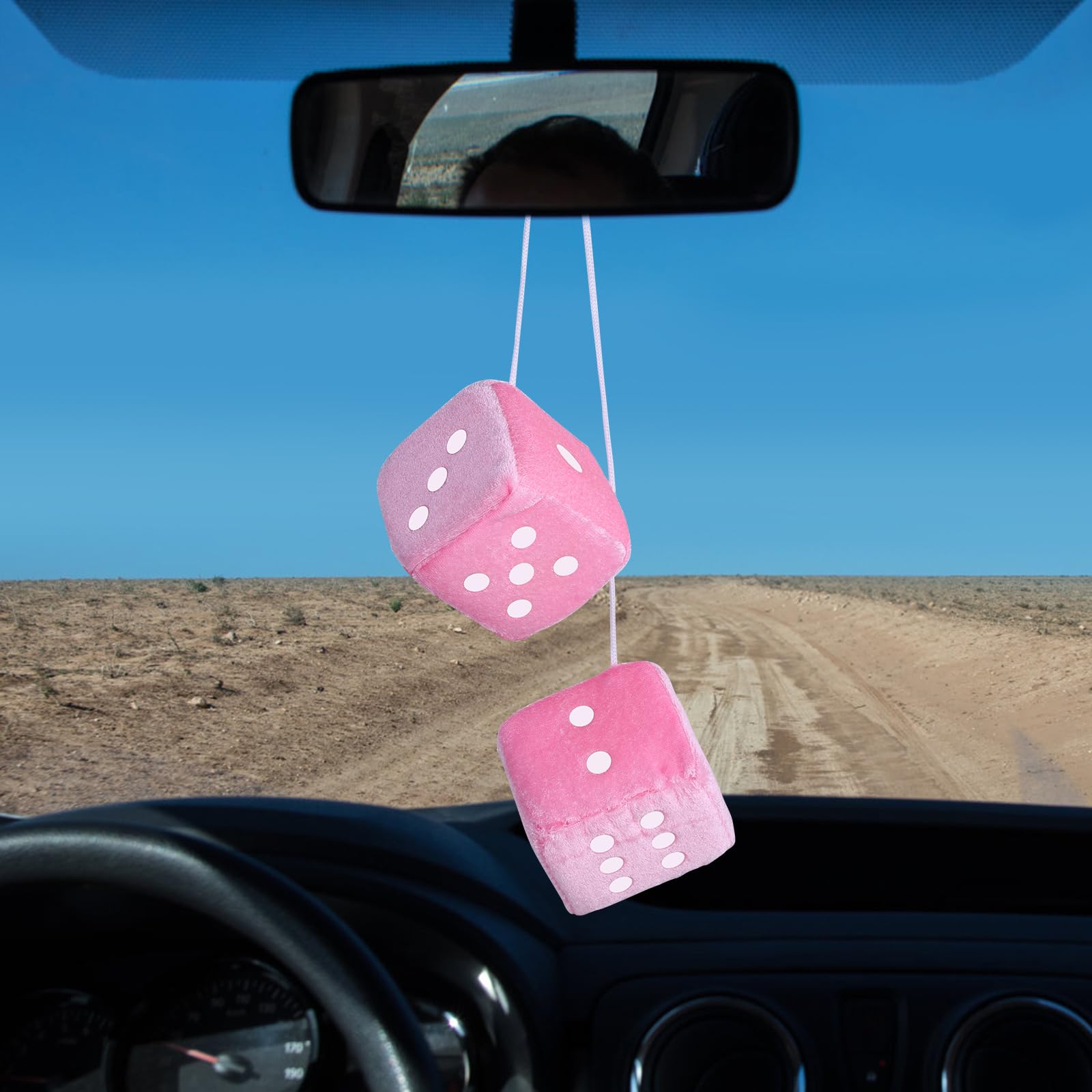 Fuzzy Dice For Rear View Mirror, Pink Fuzzy Dice For Car Mirror, 2.75Inch Pair Of Plush Retro Square Hanging Dice With White Dot