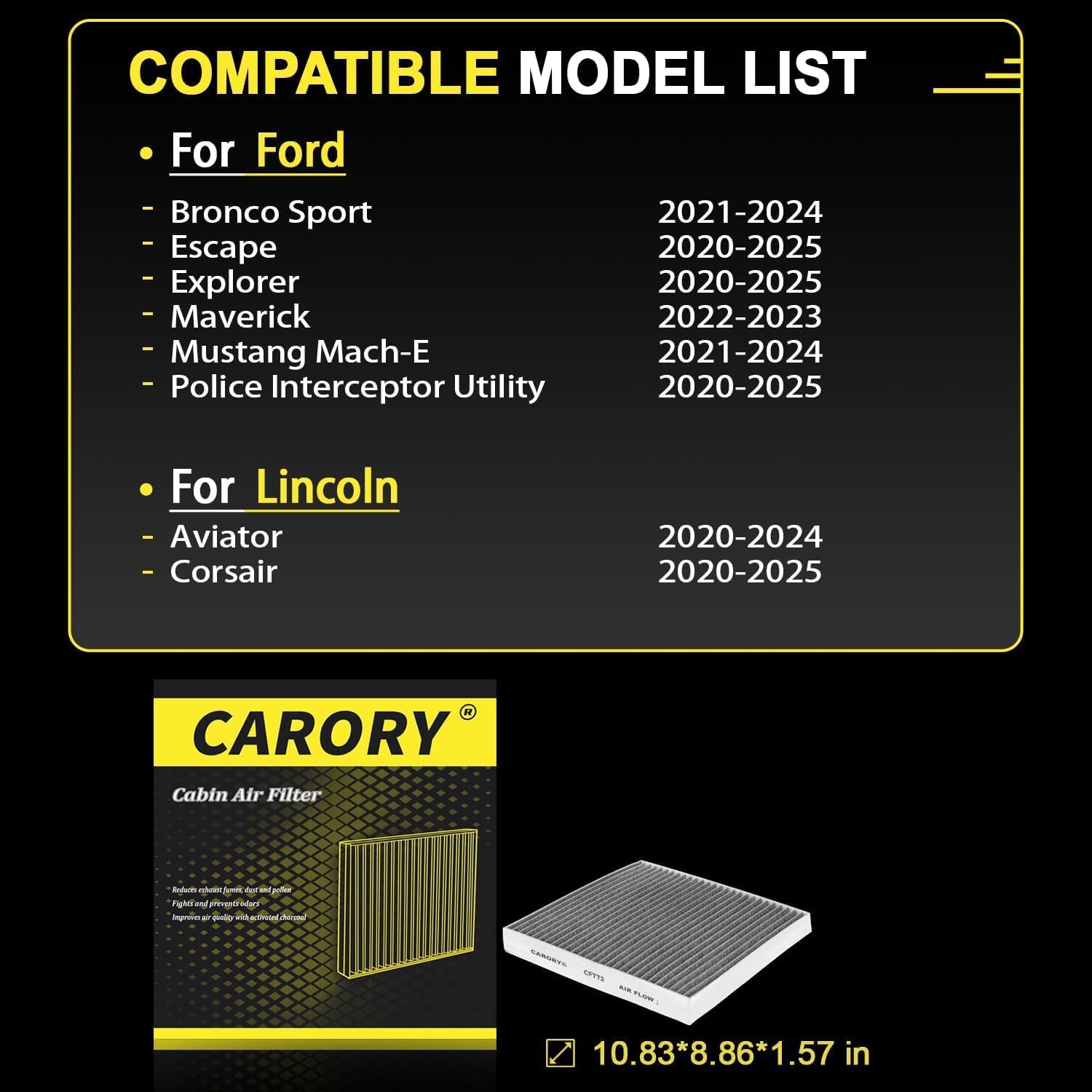 CARORY Cabin Air Filter w/Activated Carbon for Ford Bronco Sport 2021-2024, Escape 2020-2025, Explorer 2020-2025, Mustang Mach-E