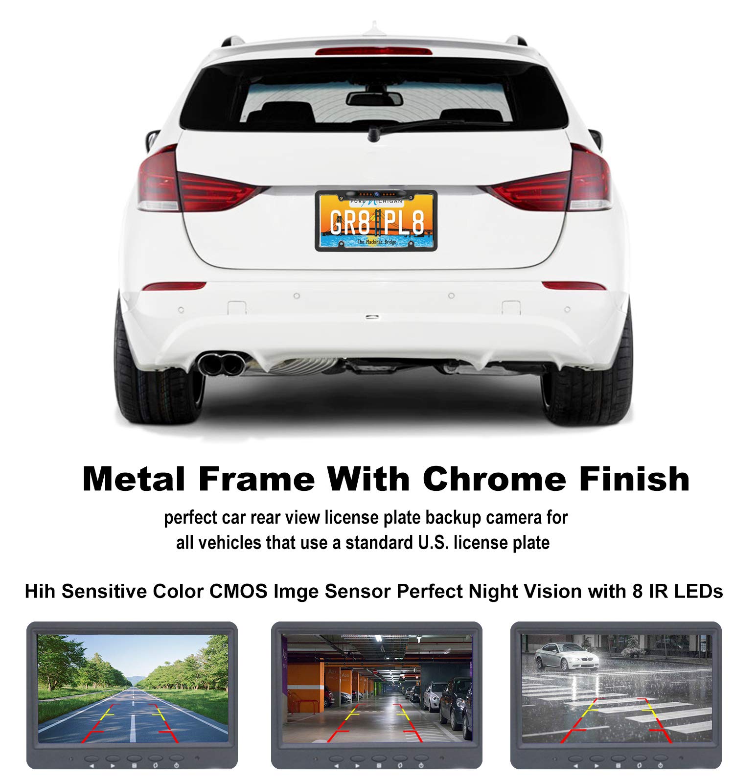 Jpp License Plate Backup Hd Camera, Rear View Camera 170 Viewing Angle Universal Night Vision Waterproof High Sensitive 7 Bright