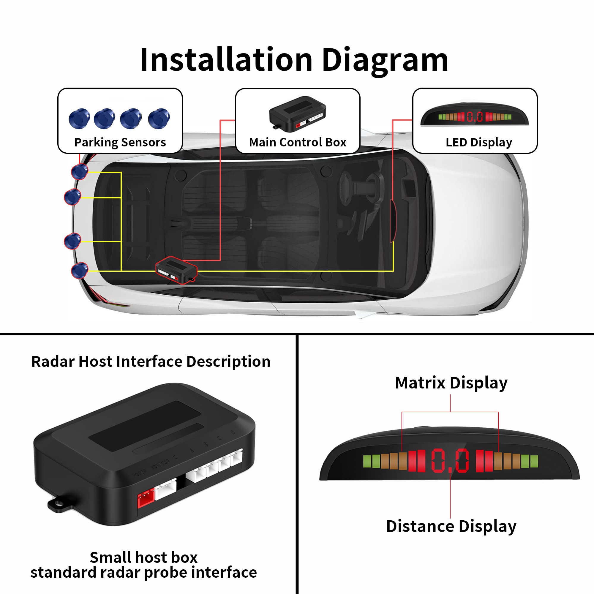 EKYLIN Car Auto Vehicle Reverse Backup Radar System with 4 Parking Sensors Distance Detection + LED Distance Display + Sound War