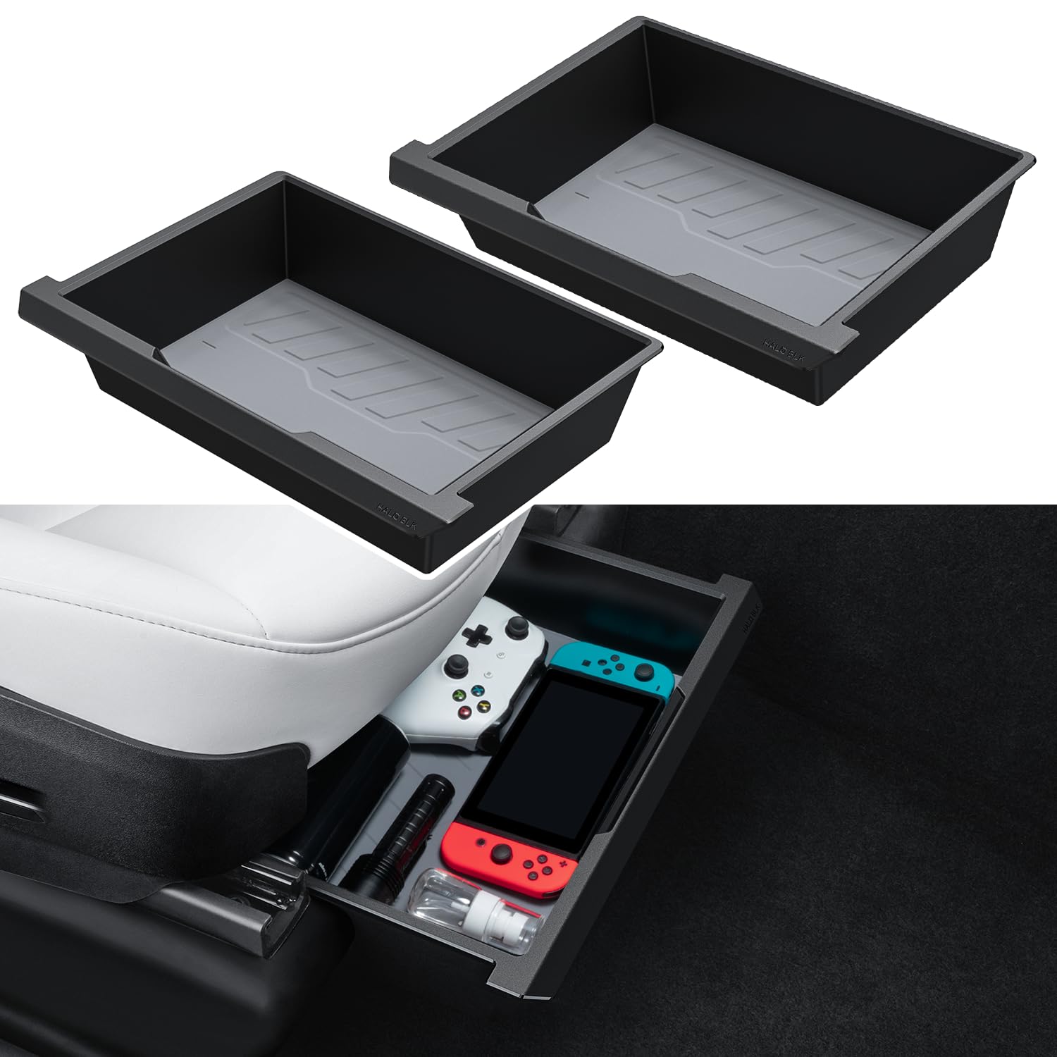 Halo Blk 2 Pack Waterproof Under Seat Storage Box Organizer, Upgraded 2-In-1 Underseat Hidden Tray For Tesla Model Y 2023-2021