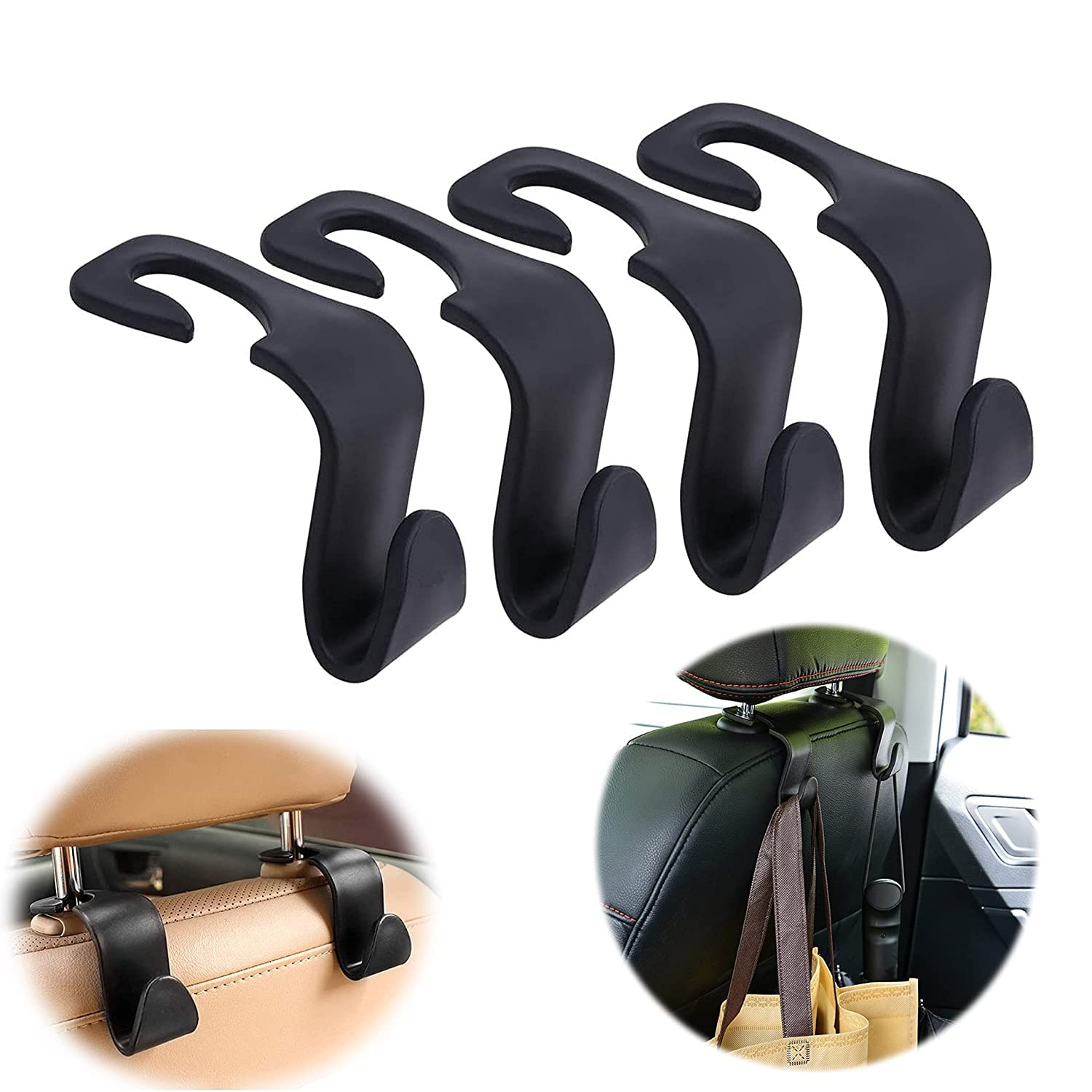 YTM Car Backseat Head Rest Hook/Hanger, Plastic Hanging Storage Holder for Groceries, Handbags, Coat, Purse and Bags (Set of 4)