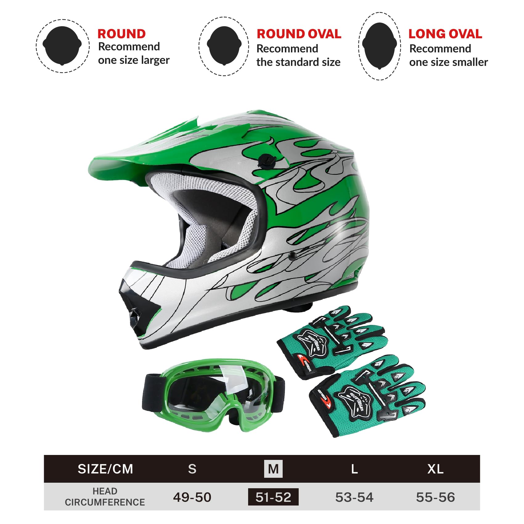 SLMOTO Youth Motocross Helmet Green Flame Design, Medium Size, ABS Material with Goggles & Gloves