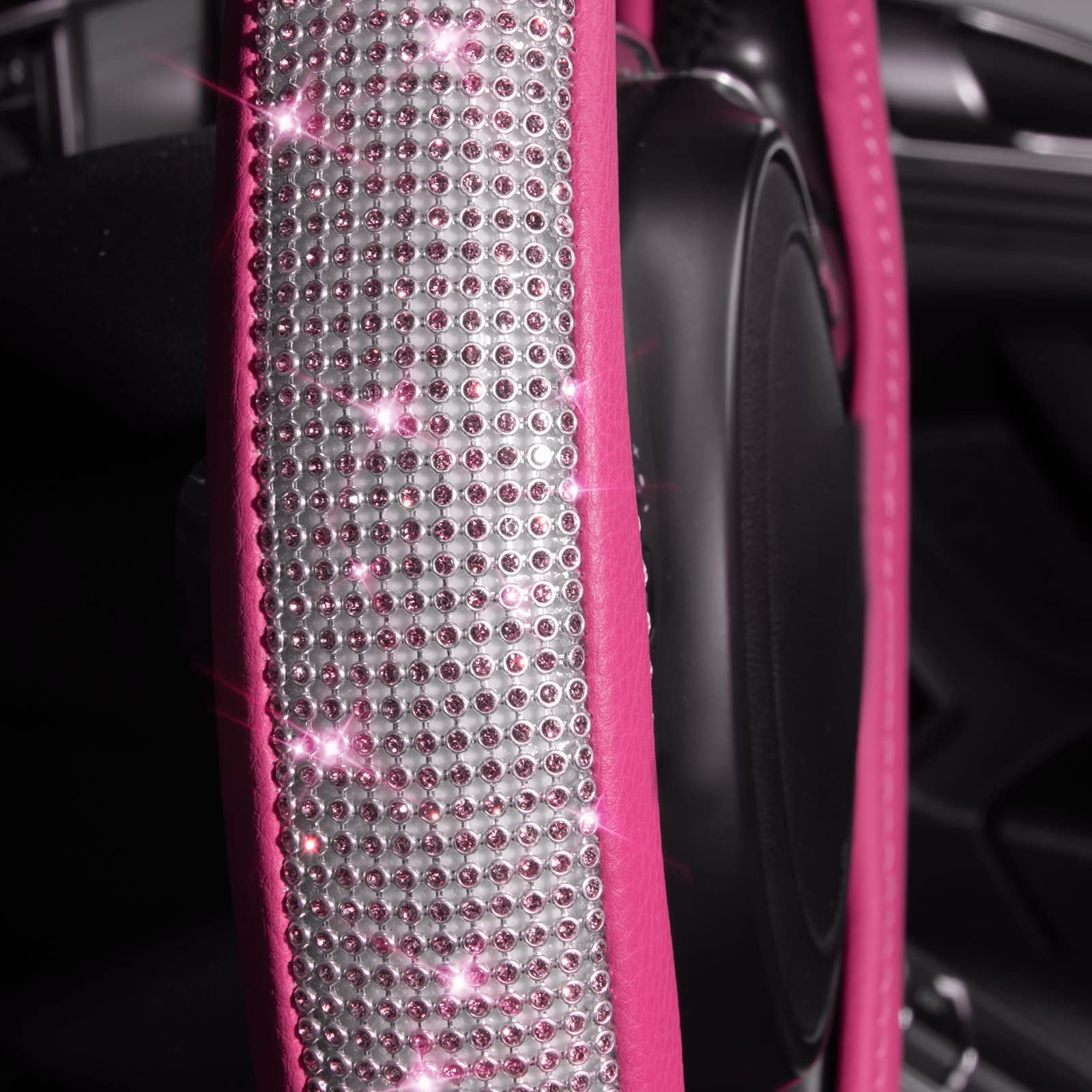 Car Pass Diamond Pink Leather Steering Wheel Cover, With Bling Crystal Rhinestones Universal Fit 14 1/2-15 Crystal Glitter For Women Sparkle Girl Fit Suvs,Vans,Sedans,Cars,Trucks, Pink Diamond