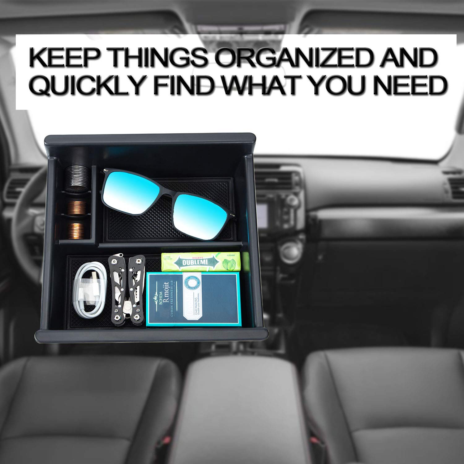 JKCOVER Center Console Organizer Tray Compatible with Toyota 4Runner 2010-2021 2022 2023 2024 and Kia Telluride 2020-2024 2025 Accessories,Insert Armrest Box Secondary Storage ABS Black Materials