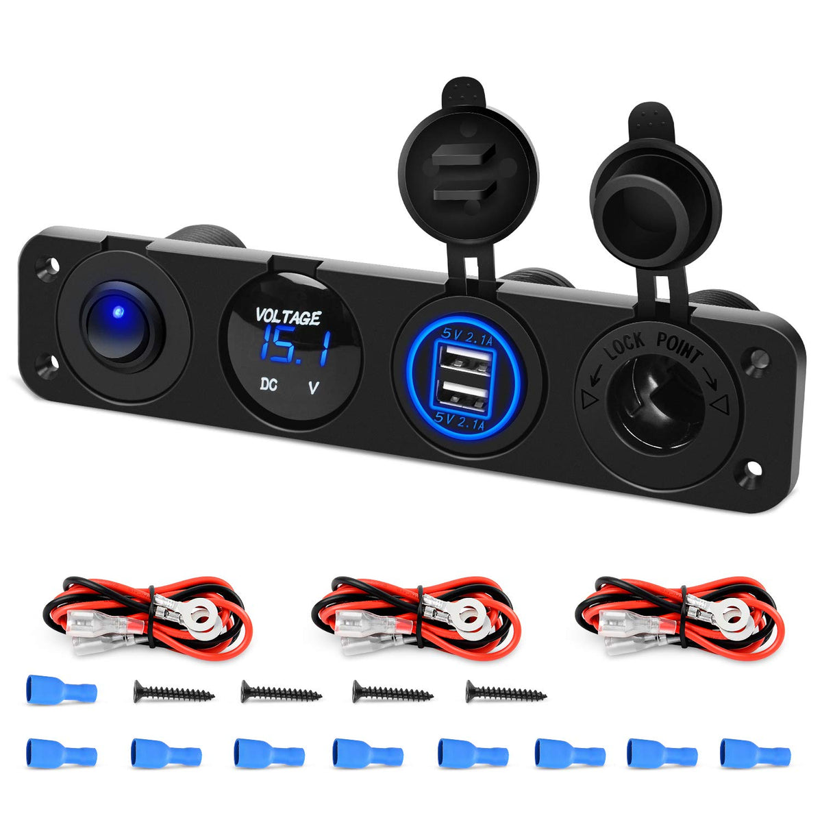 Nilight 4 In 1 On/Off Charger Socket Panel Dual Usb Socket Power Outlet & Led Voltmeter &Cigarette Lighter Socket& Led Lighted O