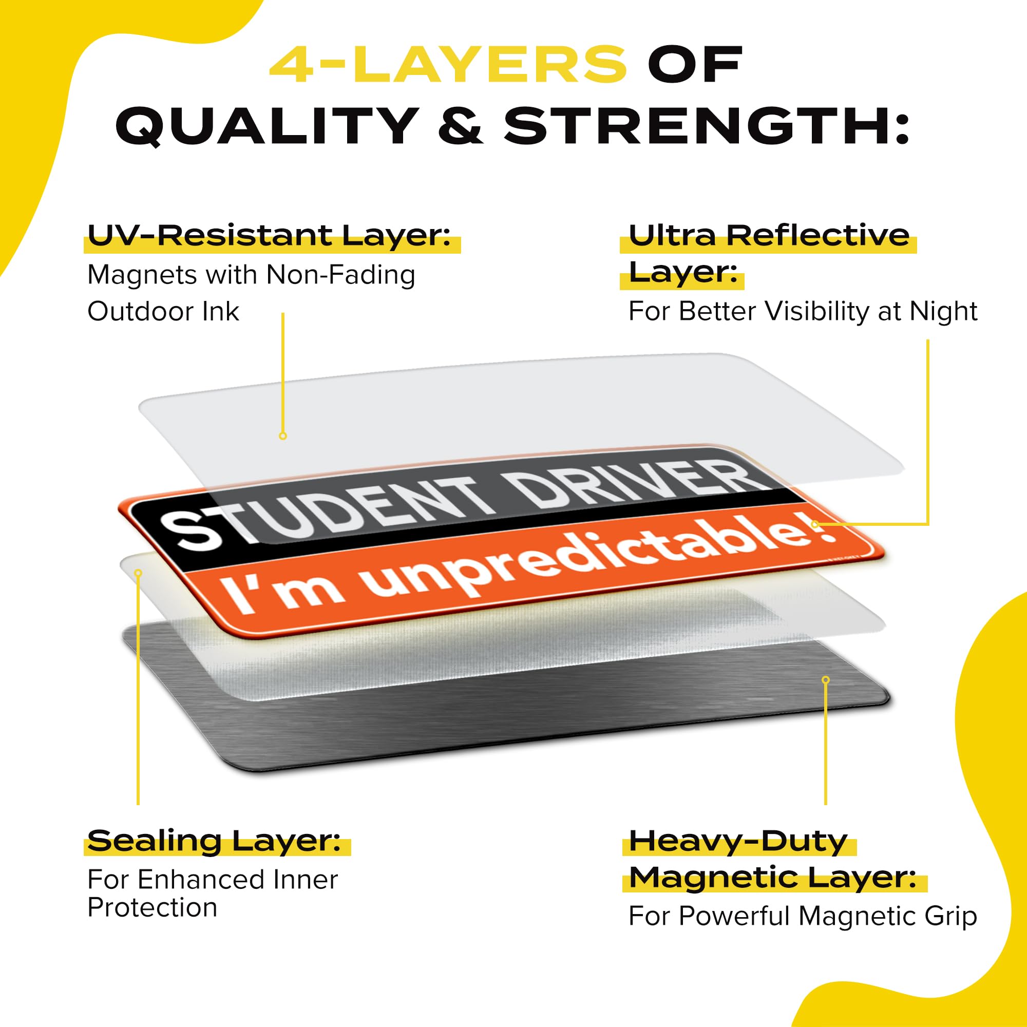Student Driver Magnet For Car - Funny 3-Pack Please Be Patient Reflective Magnetic Bumper Sticker Set - Removable Novice Rookie