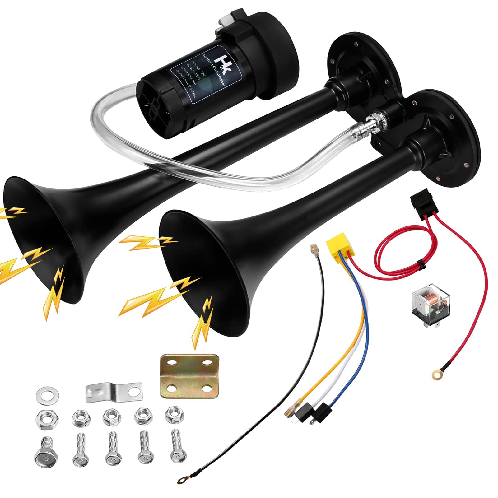 150Db Super Loud Dual Trumpet Air Horn Kit With Compressor For Vehicles, Trucks, Trains, Boats - 12V, Black