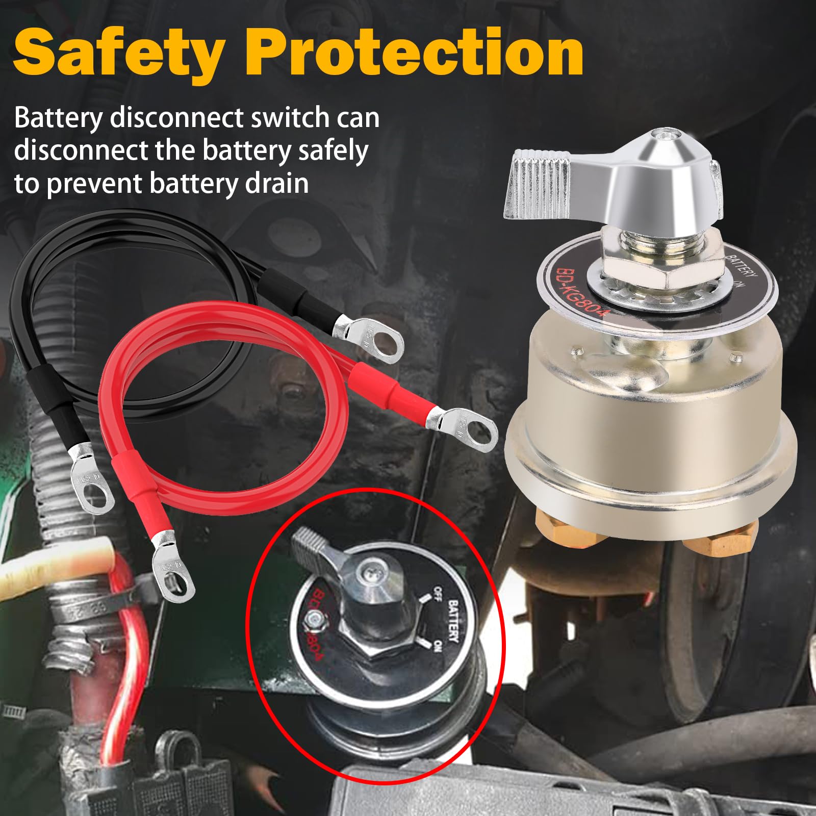 12-48V 200A Master Battery Disconnect Switch & 4 Awg 1Ft Battery Cables Set, High Current Battery Power Cutoff Killer Switch For