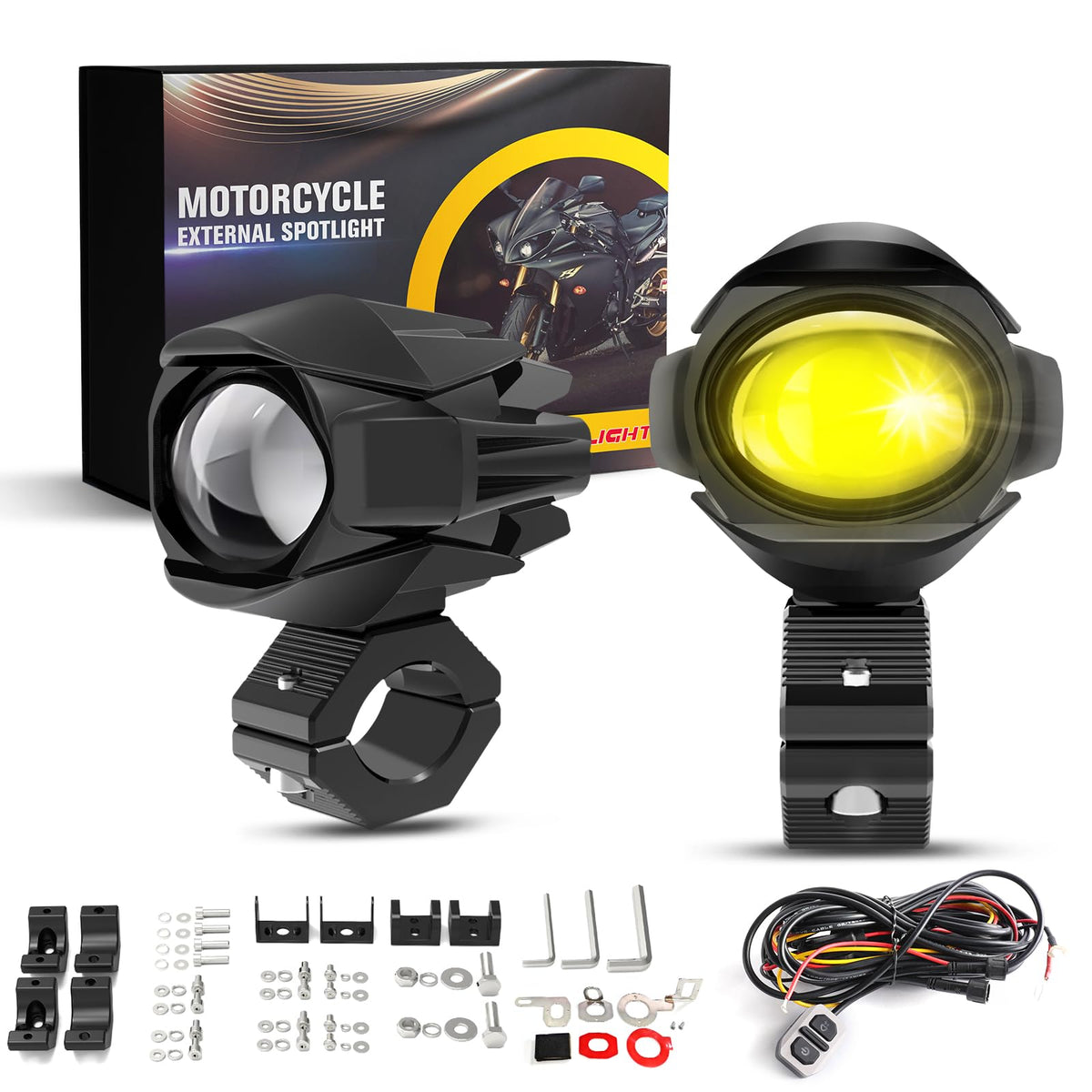 CO LIGHT LED Motorcycle Fog Lights 60W 18000LM Driving Auxiliary Lights 7 Modes Amber White Light Combo with Waterproof Wire Har