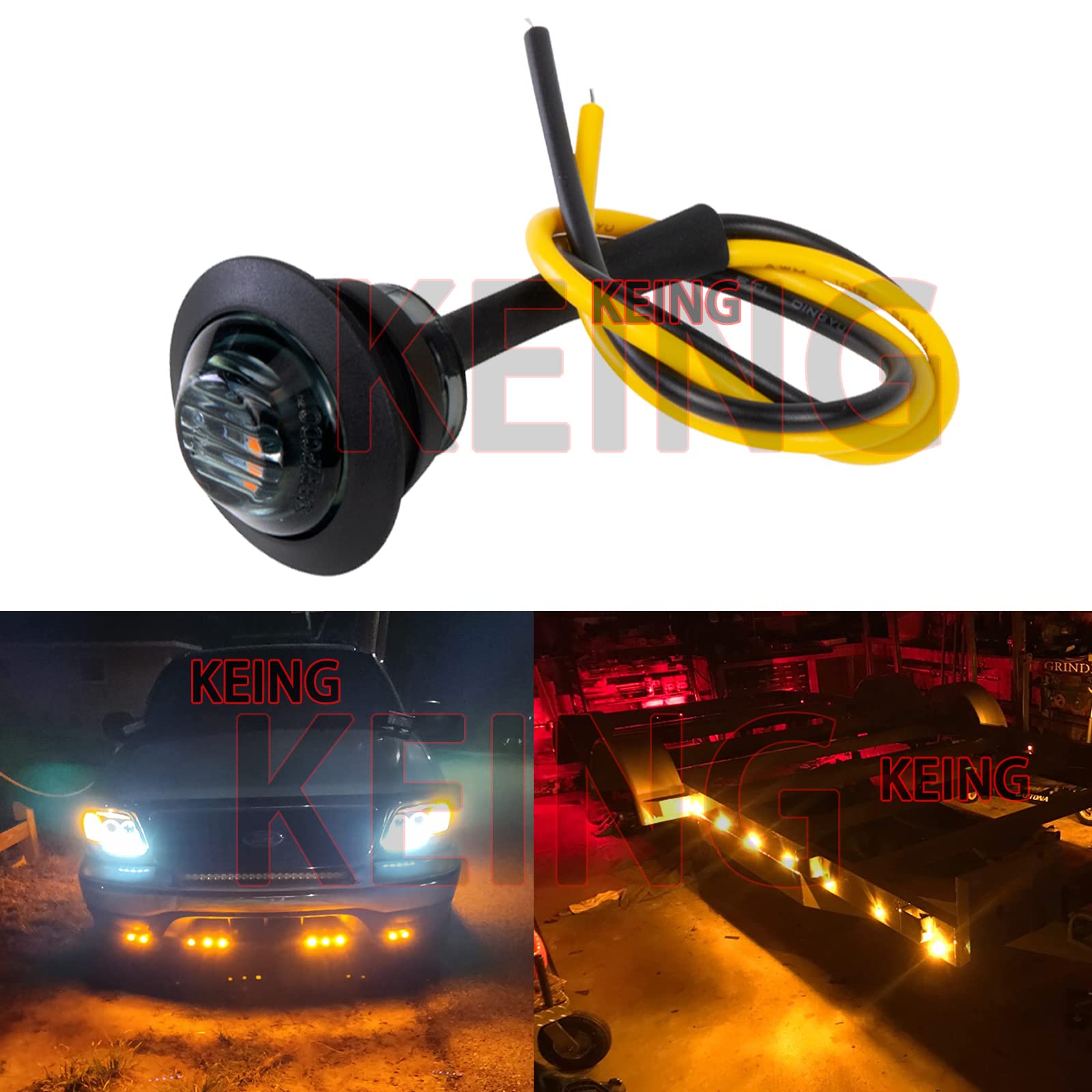 Keing 50X 3/4'' Inch Trailer Marker Lights Smoked Lens Amber 3 Led Trailer Side Marker Light Round Trailer Running Lights For Tr