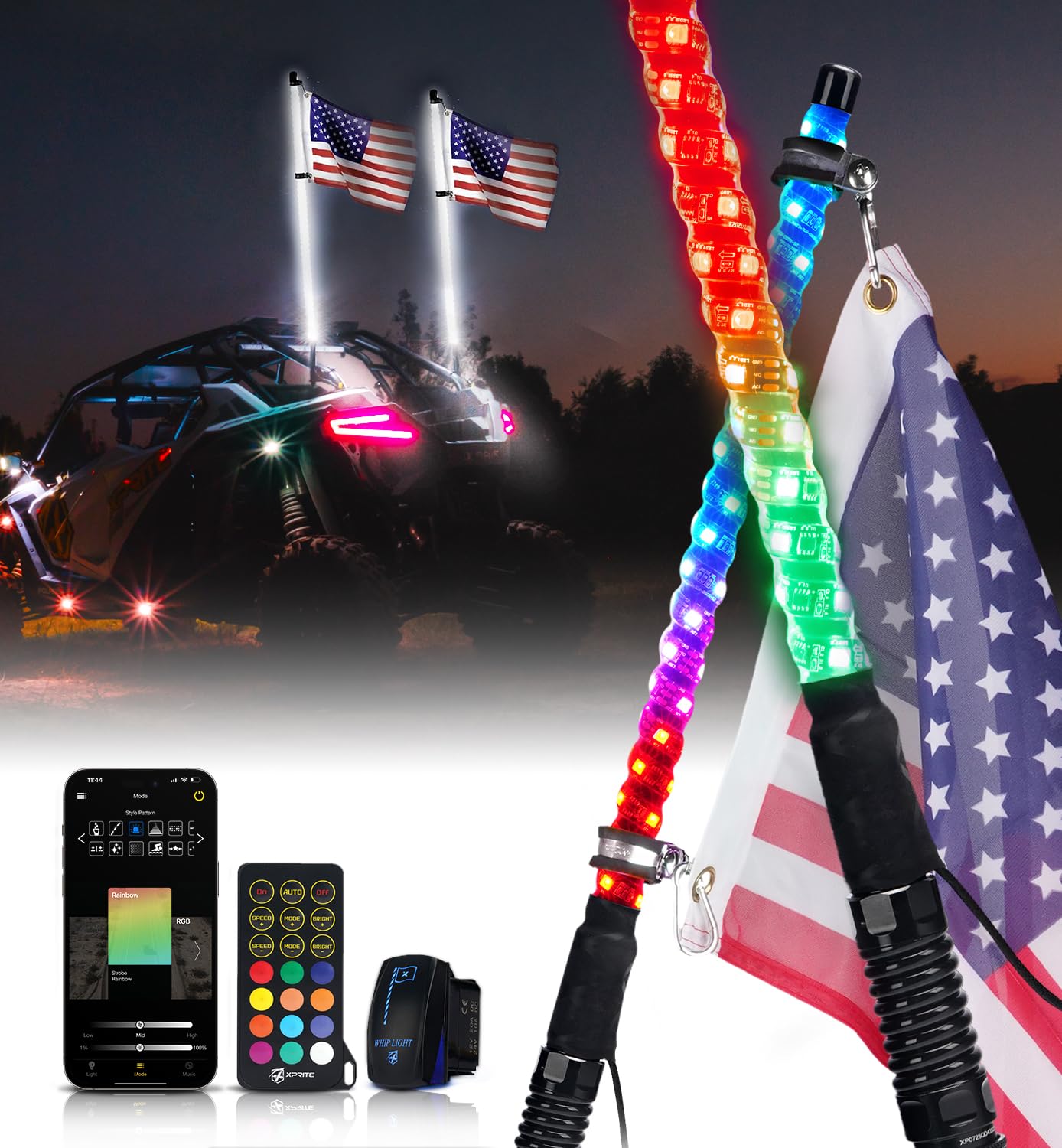Xprite 2PC 2FT RGBW LED Whip Light with Spring Base, App & Remote Control Stop Turn Reverse Brake Lights Chasing Antenna Lighted