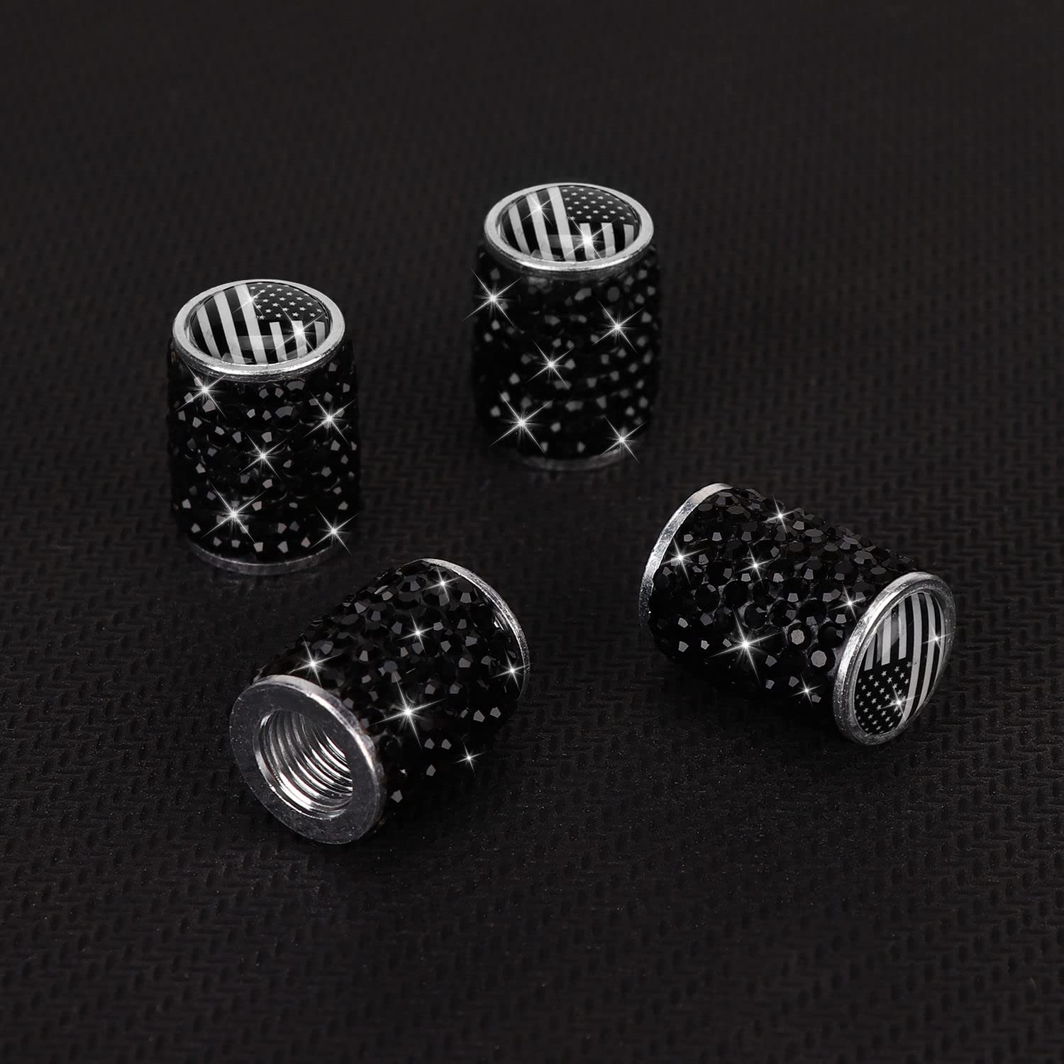 ToBeQueen Bling Black Flag Valve Stem Covers, 4 Pack Handmade Crystal Rhinestone Diamond Tire Caps Universal Dustprood Bling Fla