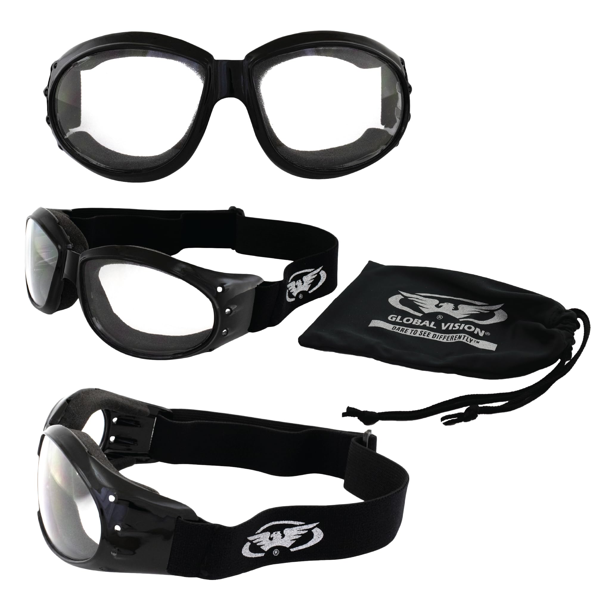 Global Vision Eliminator Deluxe Red Baron Style Padded Anti-Fog Motorcycle Goggles Black Frames (Clear And Smoke)