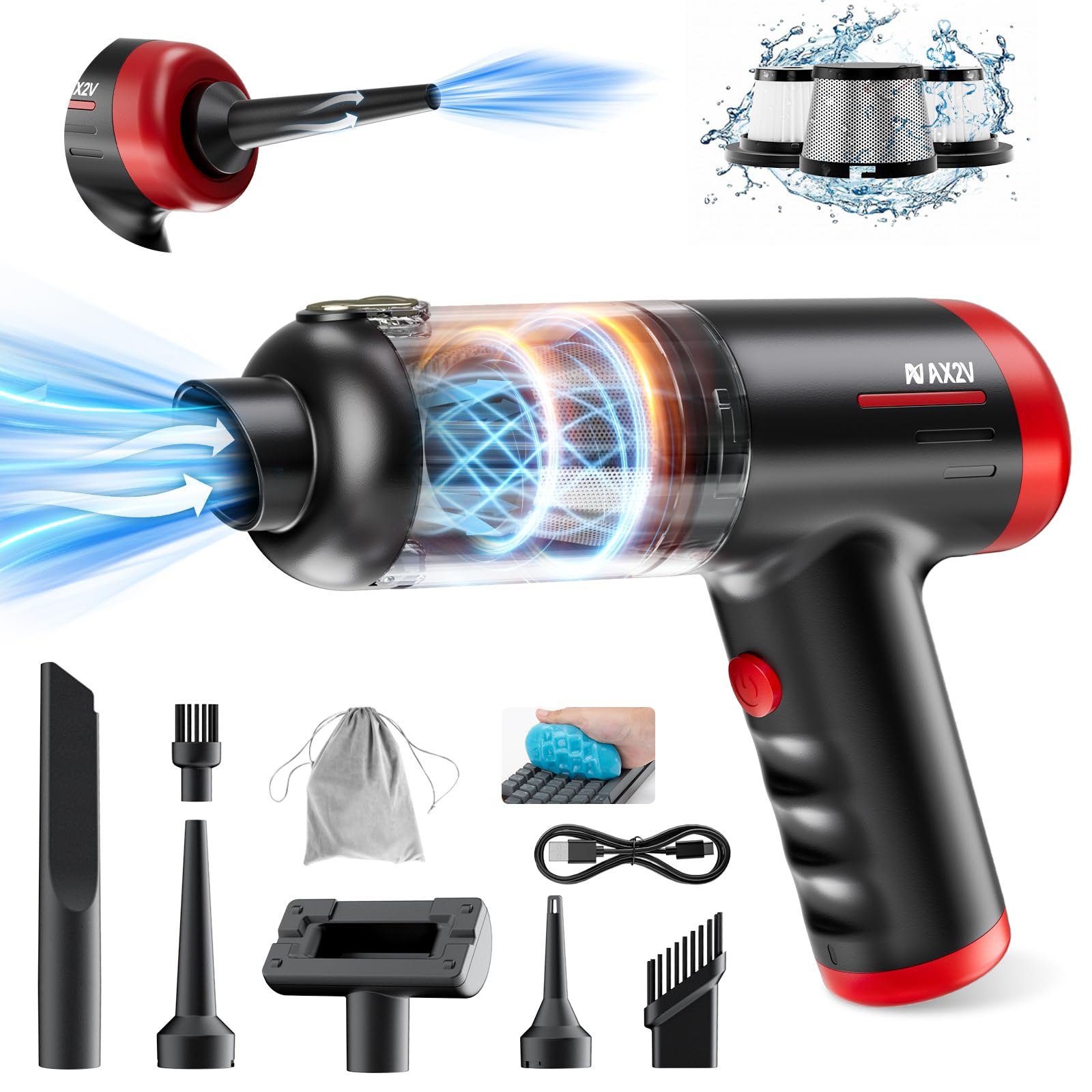 AX2V Car Vacuum Portable Cordless - 16000Pa Powerful Suction, 2 in 1 Handheld Vacuum and Air Duster with Cleaning Gel, Ideal for