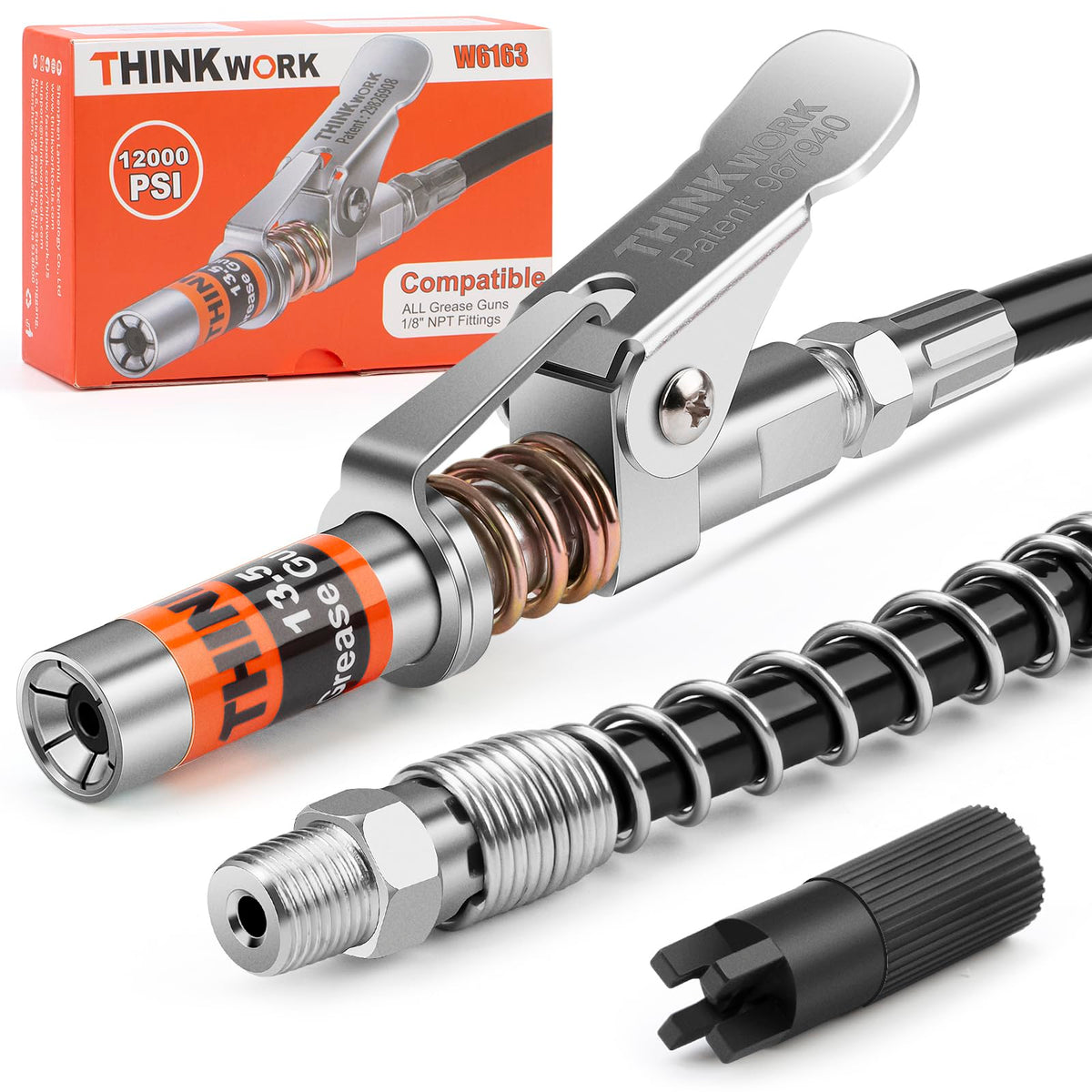 Grease Gun Coupler, Strong Lock on Greases Gun Couplers with 12 '' Spring Flex Hose, Cleaning Tool, 12000 PSI Quick Release Grea