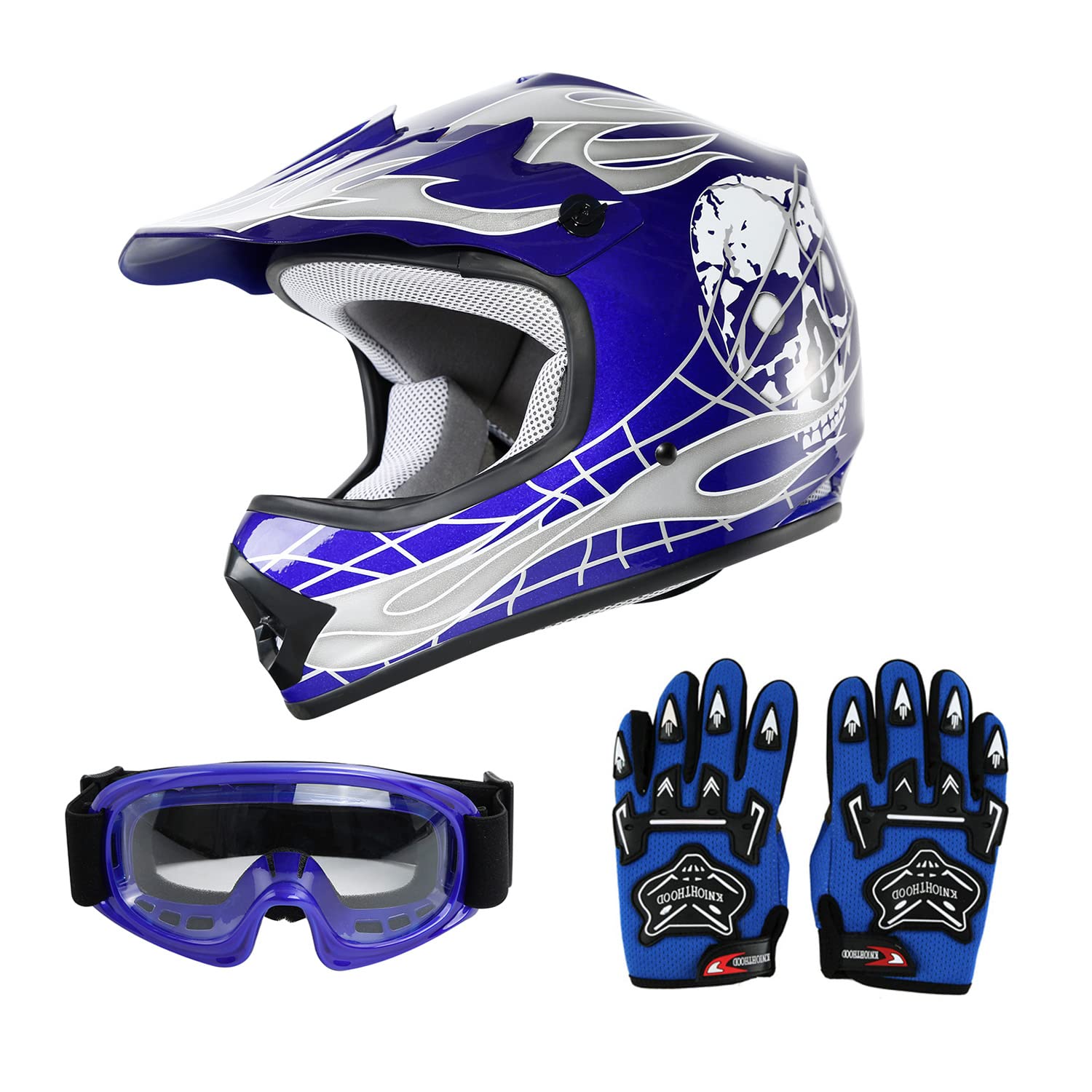 Slmoto Dot Youth Kids Helmet Motocross Offroad Street Helmet Motorcycle Helmet Dirt Bike Motocross Atv Blue Skull Design Helmet+Goggles+Gloves Small