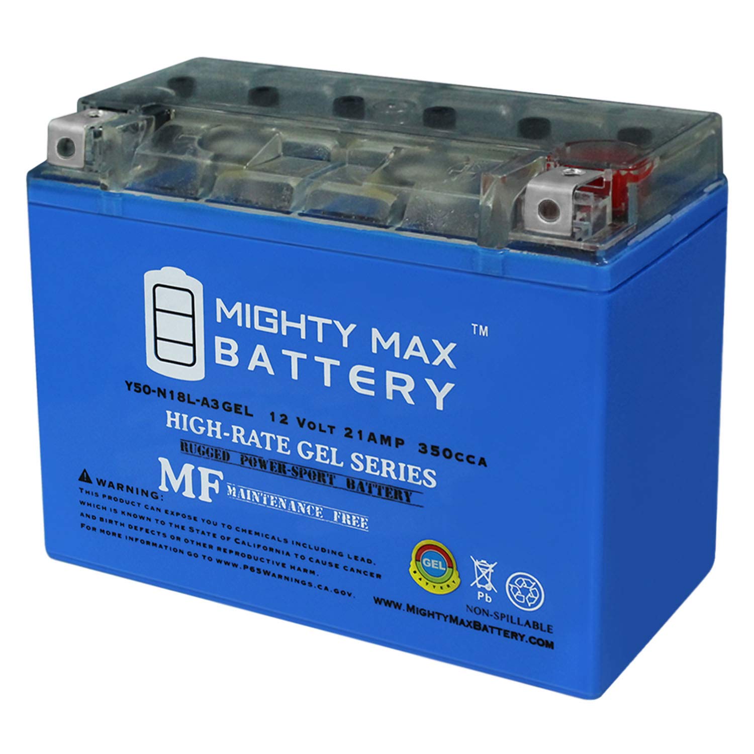 Mighty Max Battery Y50-N18L-A3 Gel -12 Volt 21 Ah, Gel Type, 350 Cca, Rechargeable Maintenance Free Sla Agm Motorcycle Battery