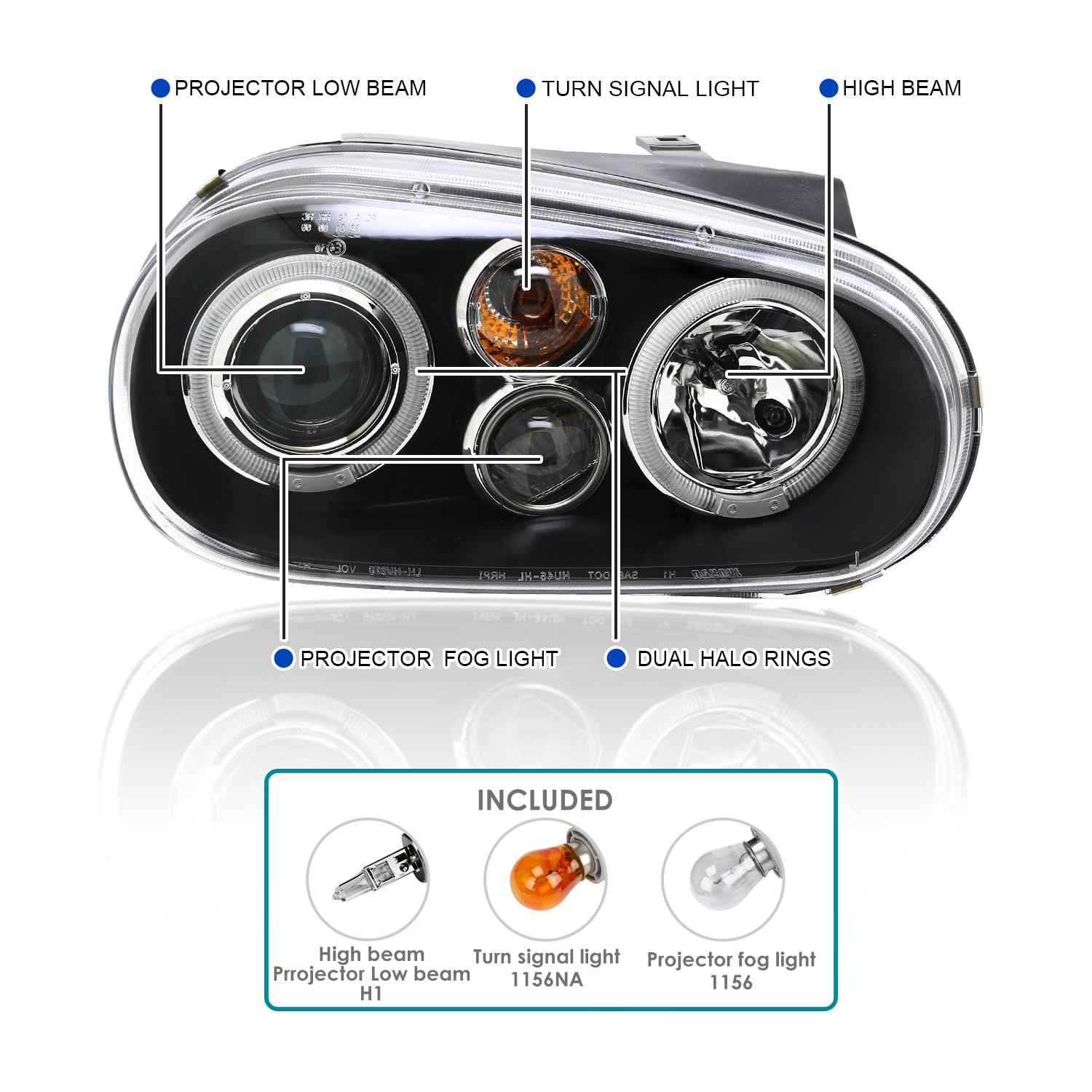 Spec-D Tuning Euro Black Projector Headlights Compatible With 1999-2006 Volkswagen Golf Mk4, 1999-2006 Volkswagen Gti, Left + Ri