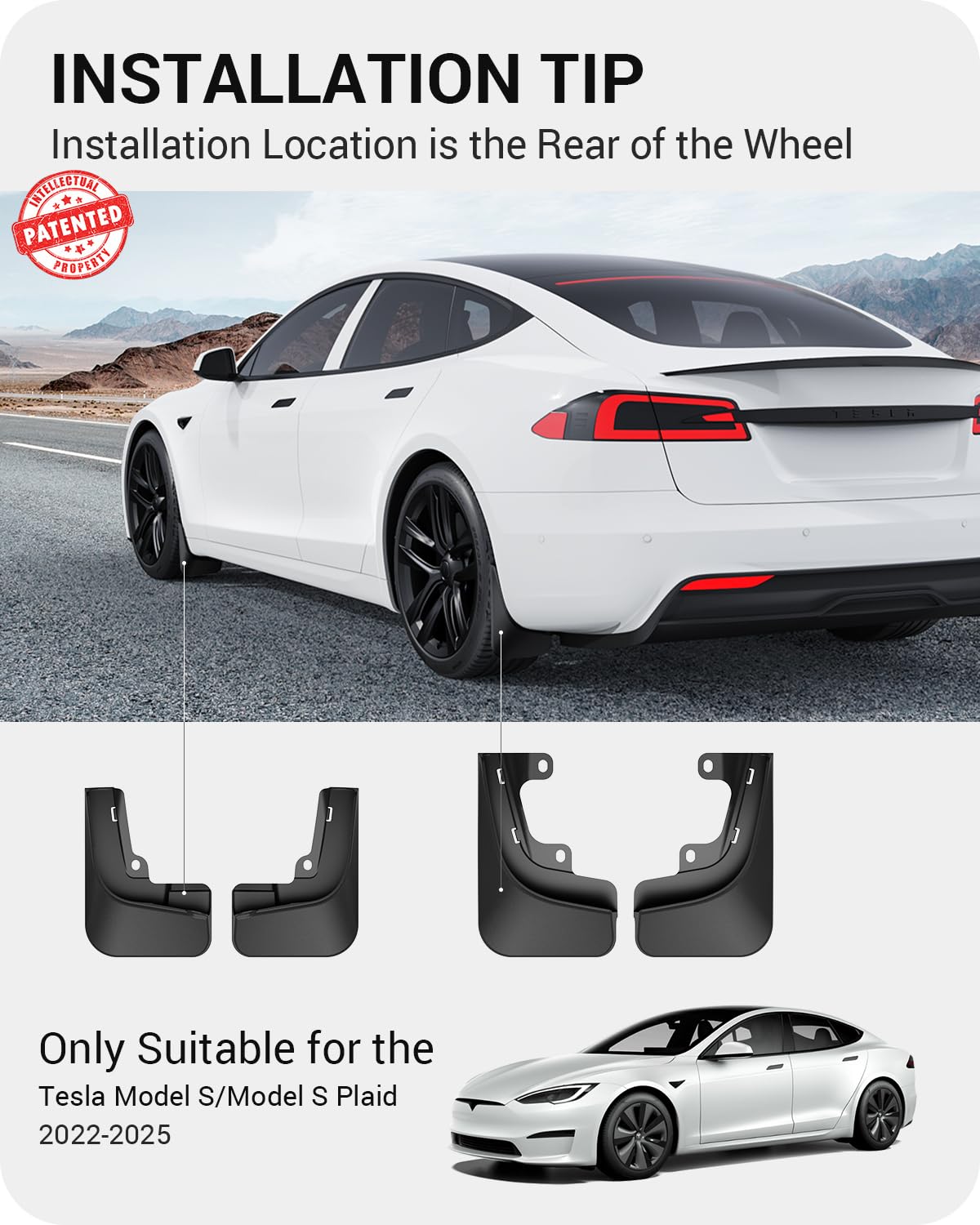 Basenor Upgraded 2022-2025 Tesla Model S/Model S Plaid Mud Flaps Splash Guards No Drilling No Tape Mudguards All Weather Protect