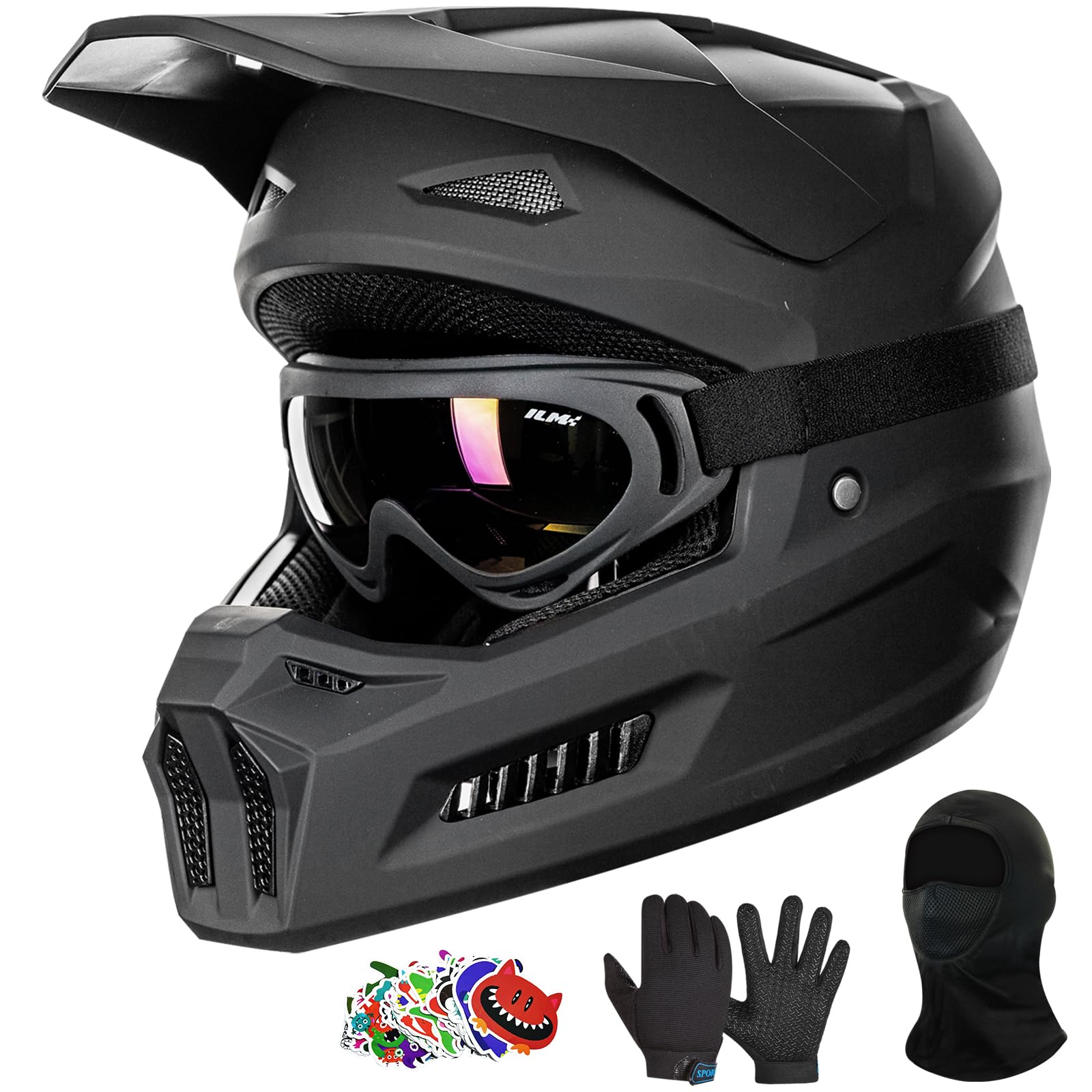 ILM Youth Dirt Bike Helmets with Stickers Kids ATV Helmet Motocross BMX Off Road Motorbike with Goggles Gloves Mask DOT Model MT