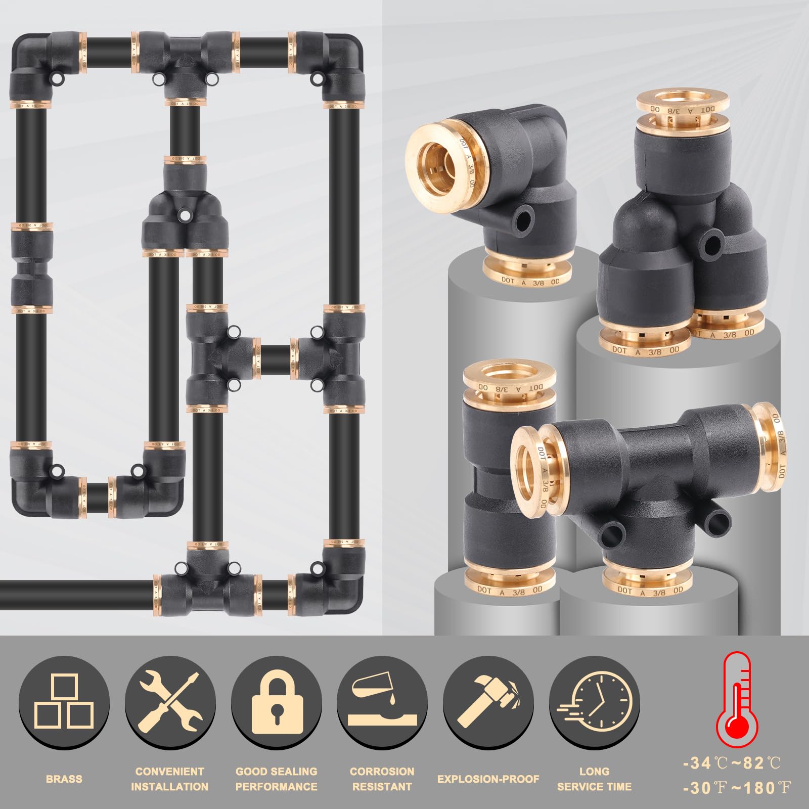 Cheemuii 39 Pcs Dot Air Line Quick Connect Fittings 1/4'' 3/8'' 1/2'' Push To Connect Fittings Dot Brass Air Hose Fittings Repai