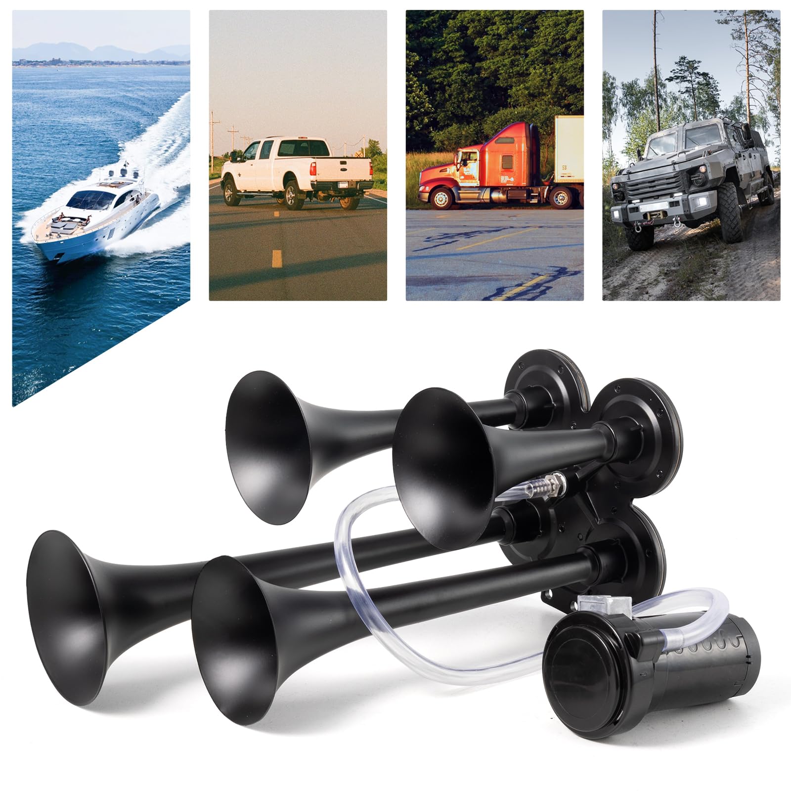 AOLIHAN 150dB Train Horns for Trucks 12V Truck Horn with Compressor Super Loud 4 Trumpet Air Horn for Car/Pickup/Van/SUV/Pickup