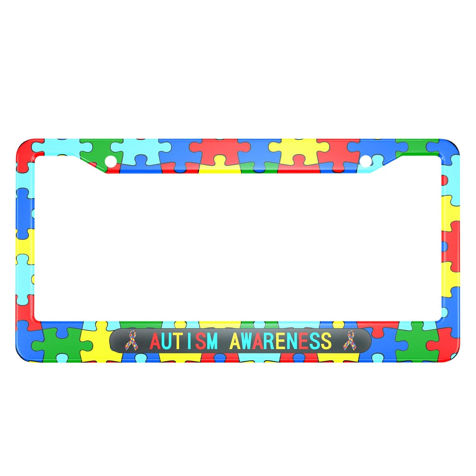 Hosnye Autism Awareness License Plate Frame Colorful Puzzle Ribbons Metal License Plate Cover Front Plates Frames Car Tag Frame For Women Men Us Vehicles Standard