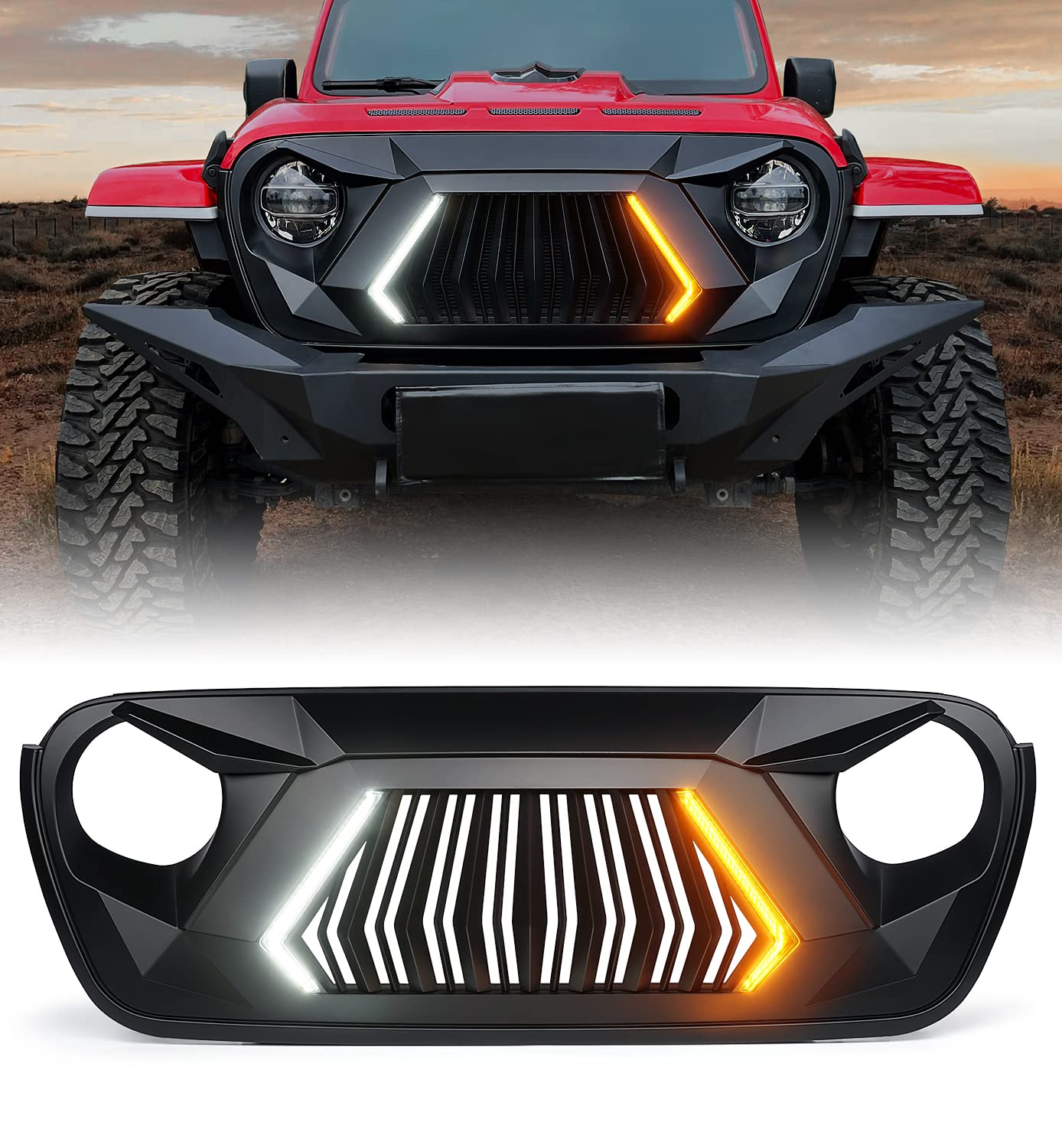 Xprite Front Grill W/Led Light Include Running, Turn Signals, Unique Patented Design Compatible With 2018-2025 Jeep Wrangler Jl