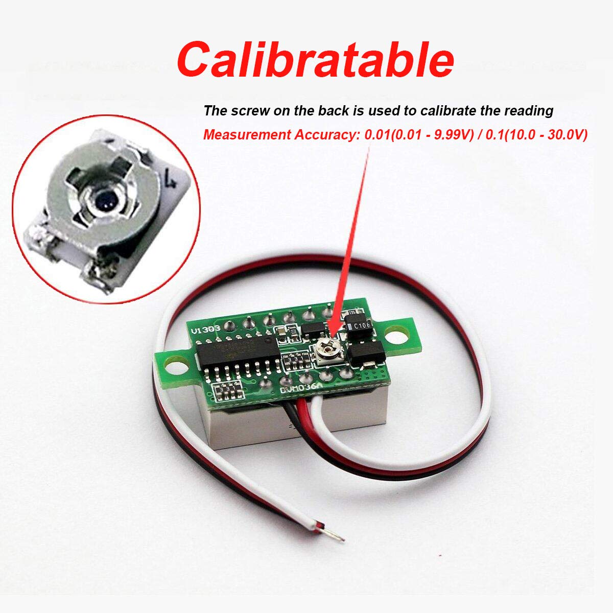 bayite Pack of 5 Three-Wire Calibratable DC 0~30V Blue Digital Mini Voltmeter Gauge Tester Mount Car Motorcycle Battery Monitor Volt Voltage Meter 0.36' Blue LED Display Panel