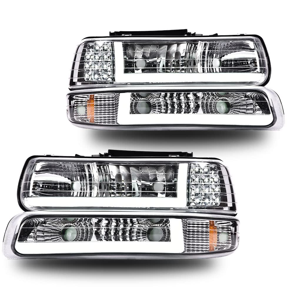 Cheda Led Drl Headlights Assembly Compatible With 1999-2002 Chevy Silverado/Fit 2000-2006 Suburban Tahoe Clear Lens Chrome Housi