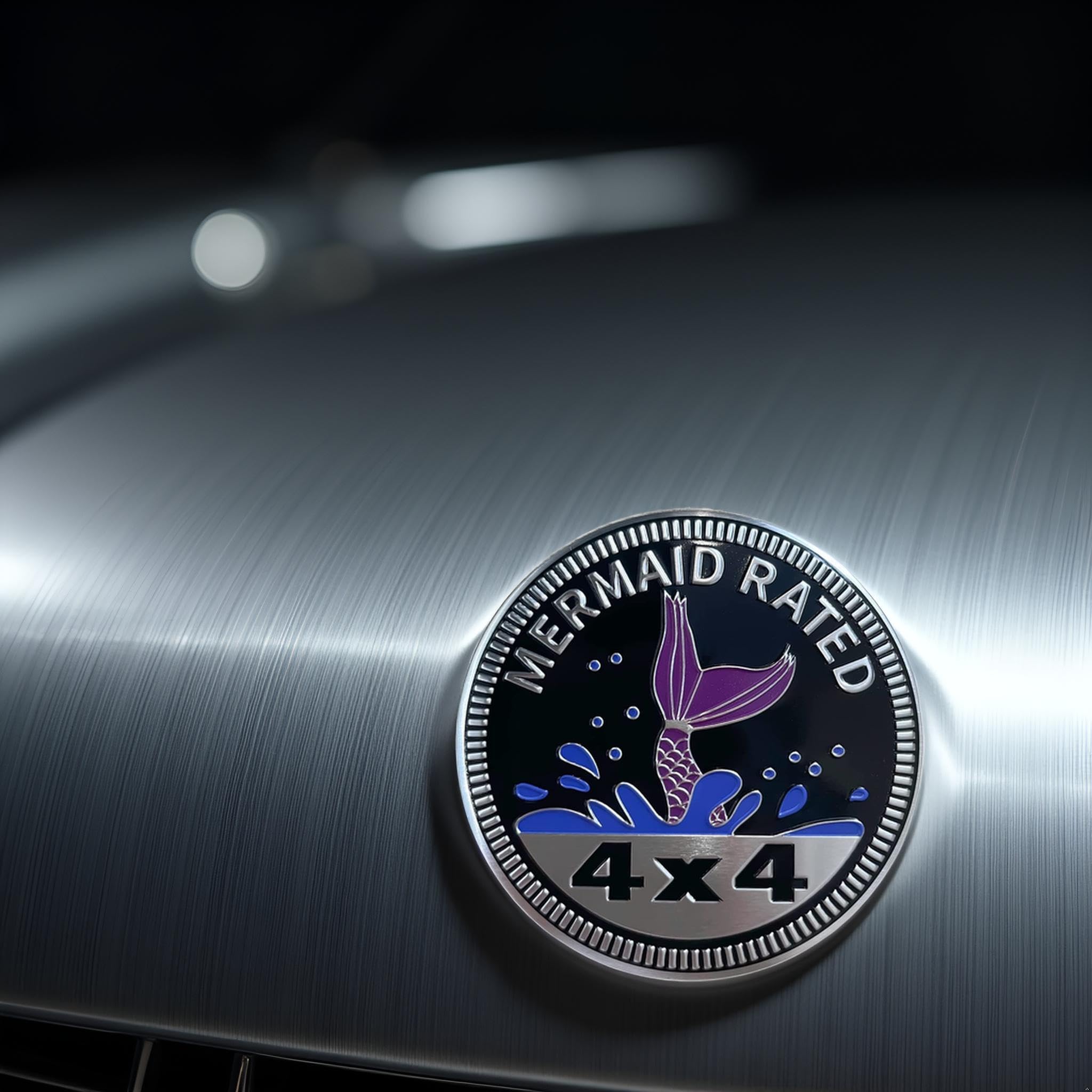 Mermaid Badge Rated Car Emblem, 4 X 4 Metal Automotive Badge 3D Metal Car Badges Emblems Round Emblem Decals Car Badge Decals Stickers Compatible With Jeep Wrangler Vehicles Trucks Suv