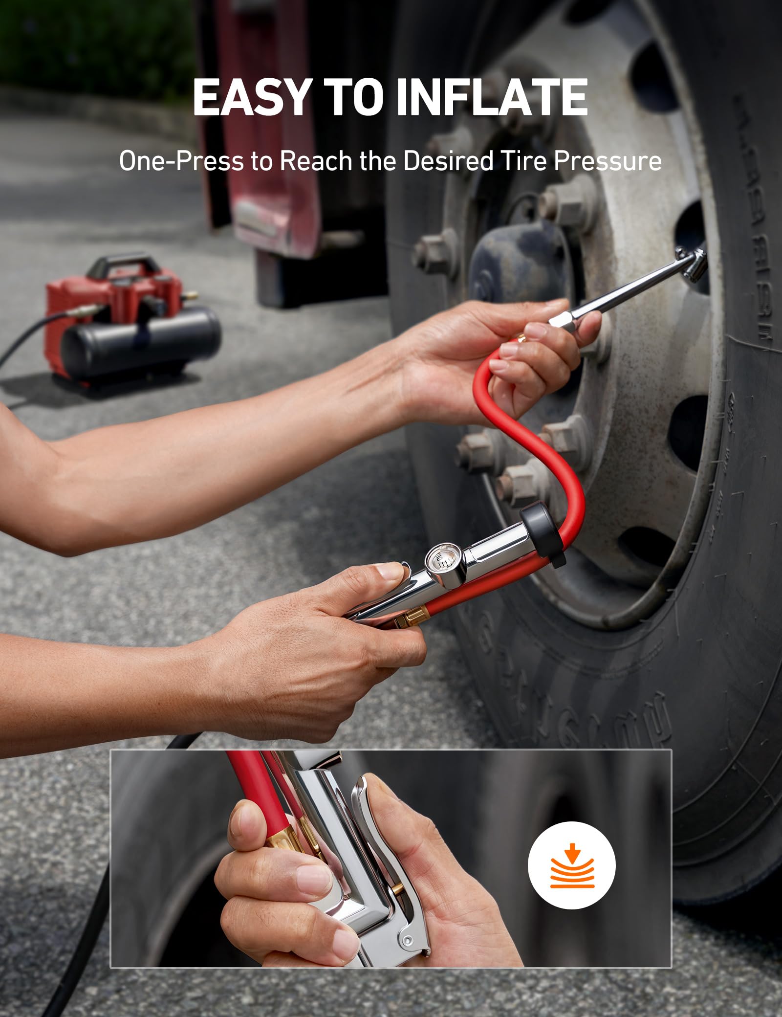 Astroai 25.6'' Heavy-Duty Tire Pressure Gauge With Inflator, Dual Head Chuck Ansi B40.1 Accurate Tire Inflator With Pressure Gau