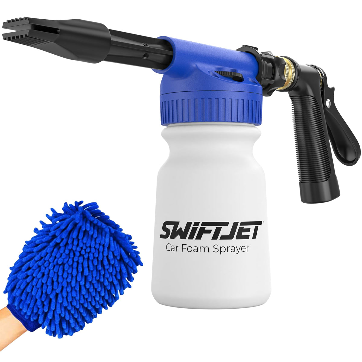 Swiftjet Car Wash Foam Gun + Microfiber Wash Mitt - Car Foam Sprayer - Car Wash Kit - Foam Cannon Garden Hose Sprayer - - Car Accessories For Men - Snow Foam Blaster (Blue Foam Gun With Mitt)