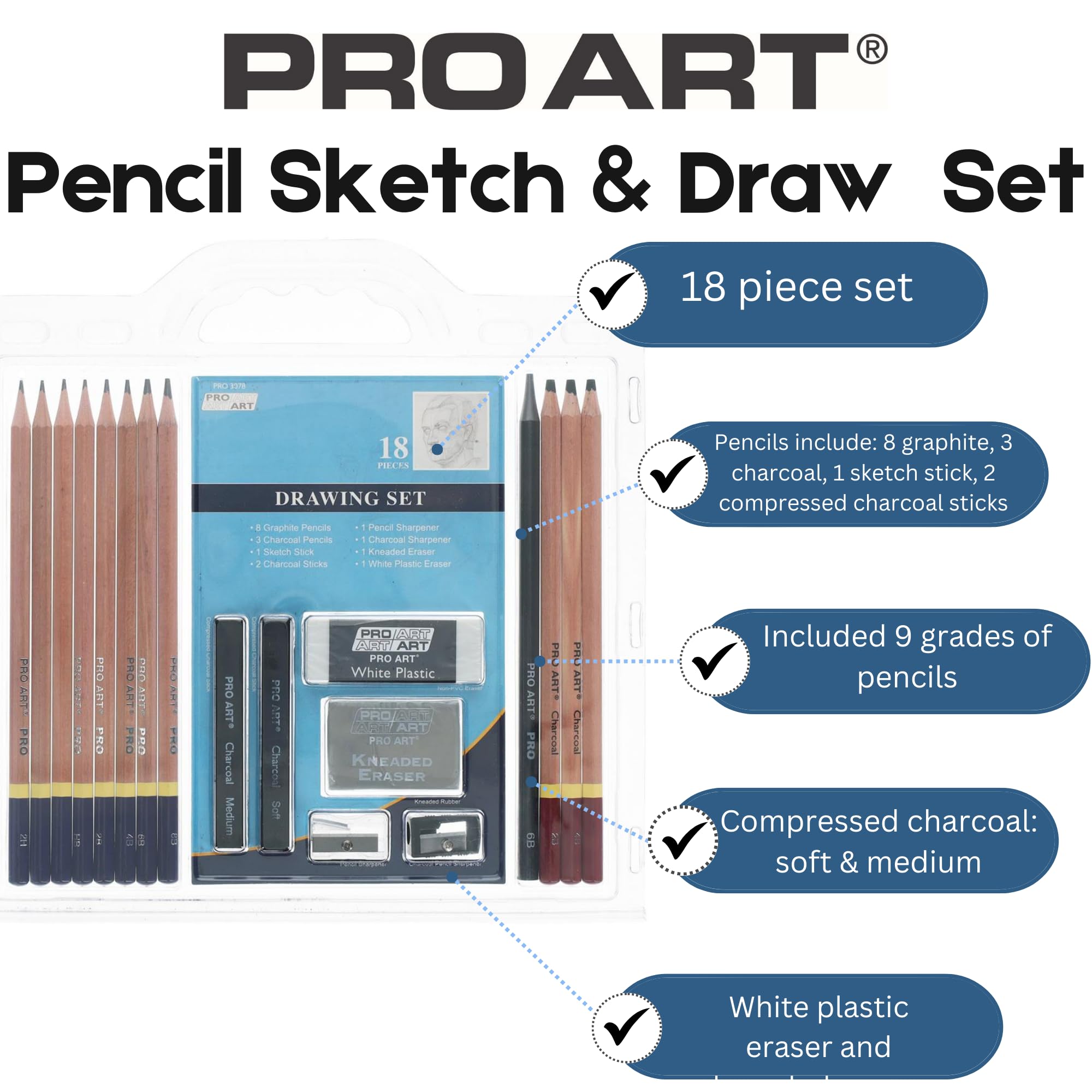 Pro Art - 3078 Pencil Set Sketch & Draw, 9.38'' X 9.38'' X 0.25'', Graphite & Charcoal