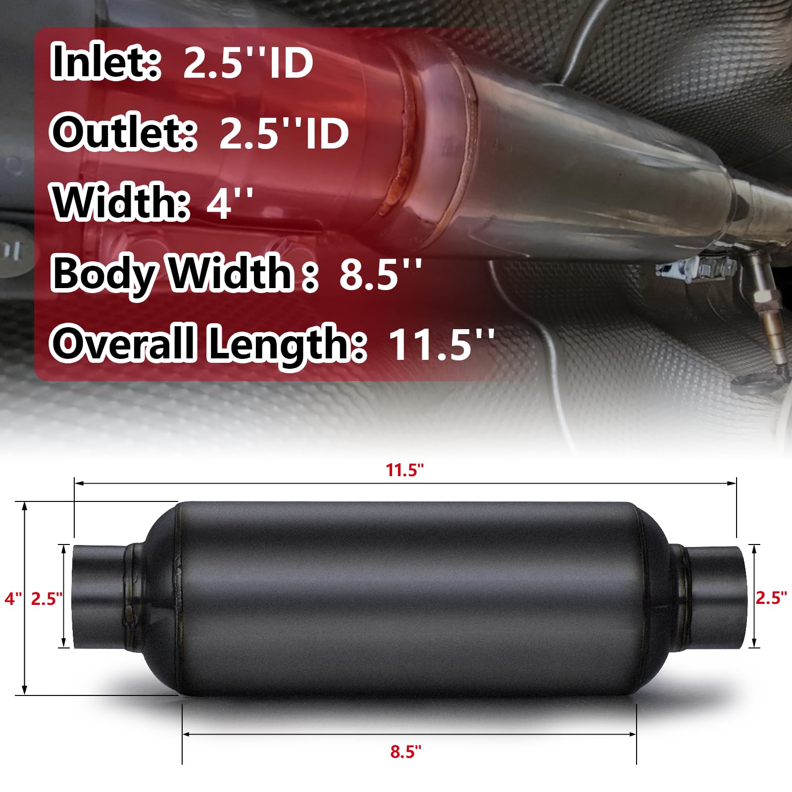 A-Karck 2.5'' Inlet Exhaust Resonator, 2.5'' Inlet 2.5'' Outlet 11.5'' Overall Length Muffler Resonator Stainless Steel Black