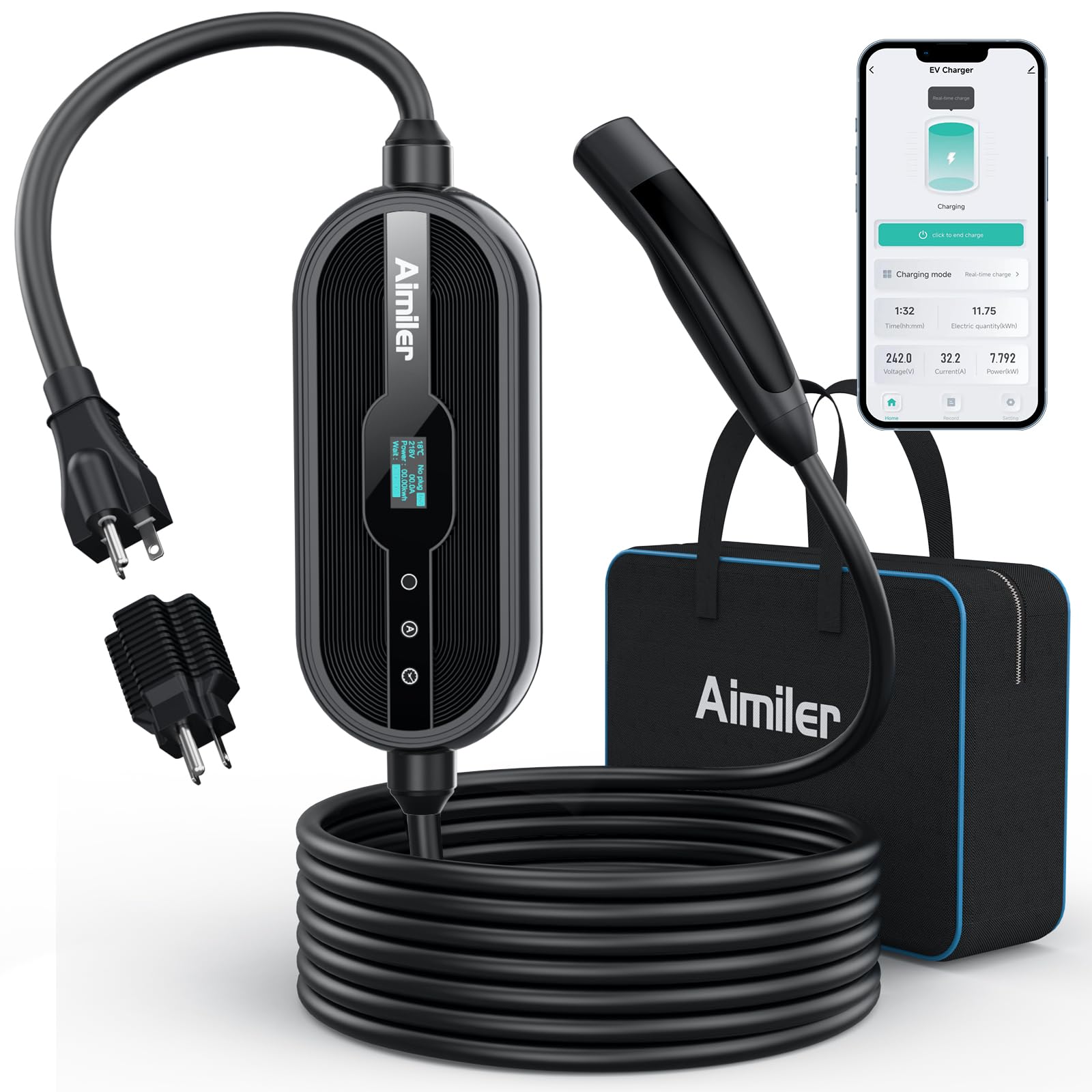 AIMILER Level 1/2 Tesla Charger(WiFi APP), 16Amp, 240V Nema 6-20 Plug & 120V NEMA 5-15 Adapter, 25ft ETL Listed Cord - Portable/