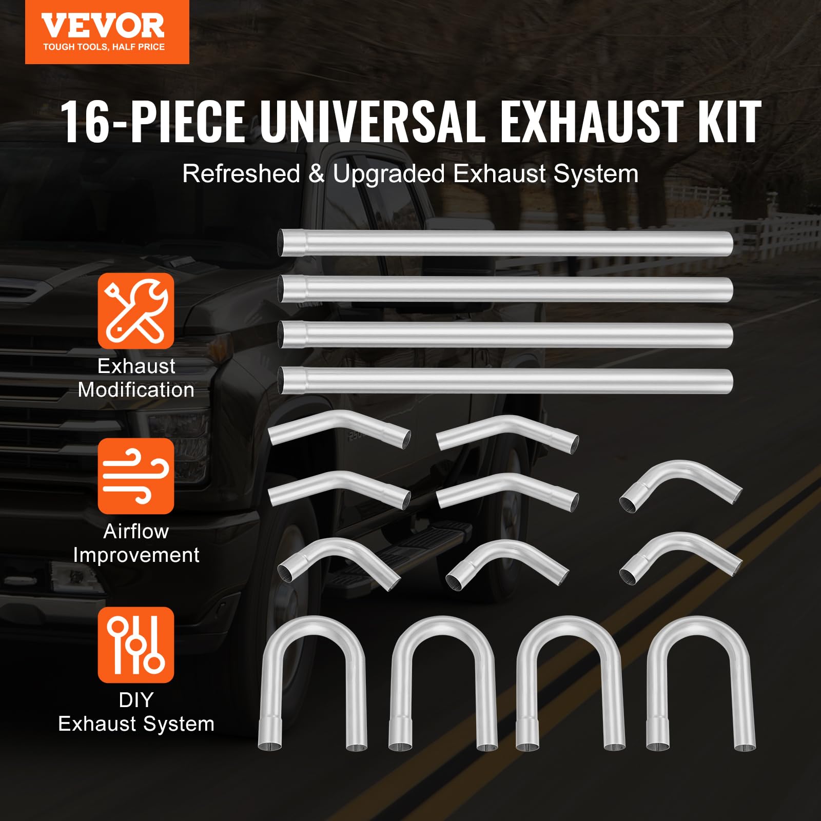VEVOR 2.5'' Exhaust Kit, 16pcs, DIY Universal Galvanized Steel Exhaust Kit with Slip-Fit Joint & Large Exhaust Tube, Rust-Proof