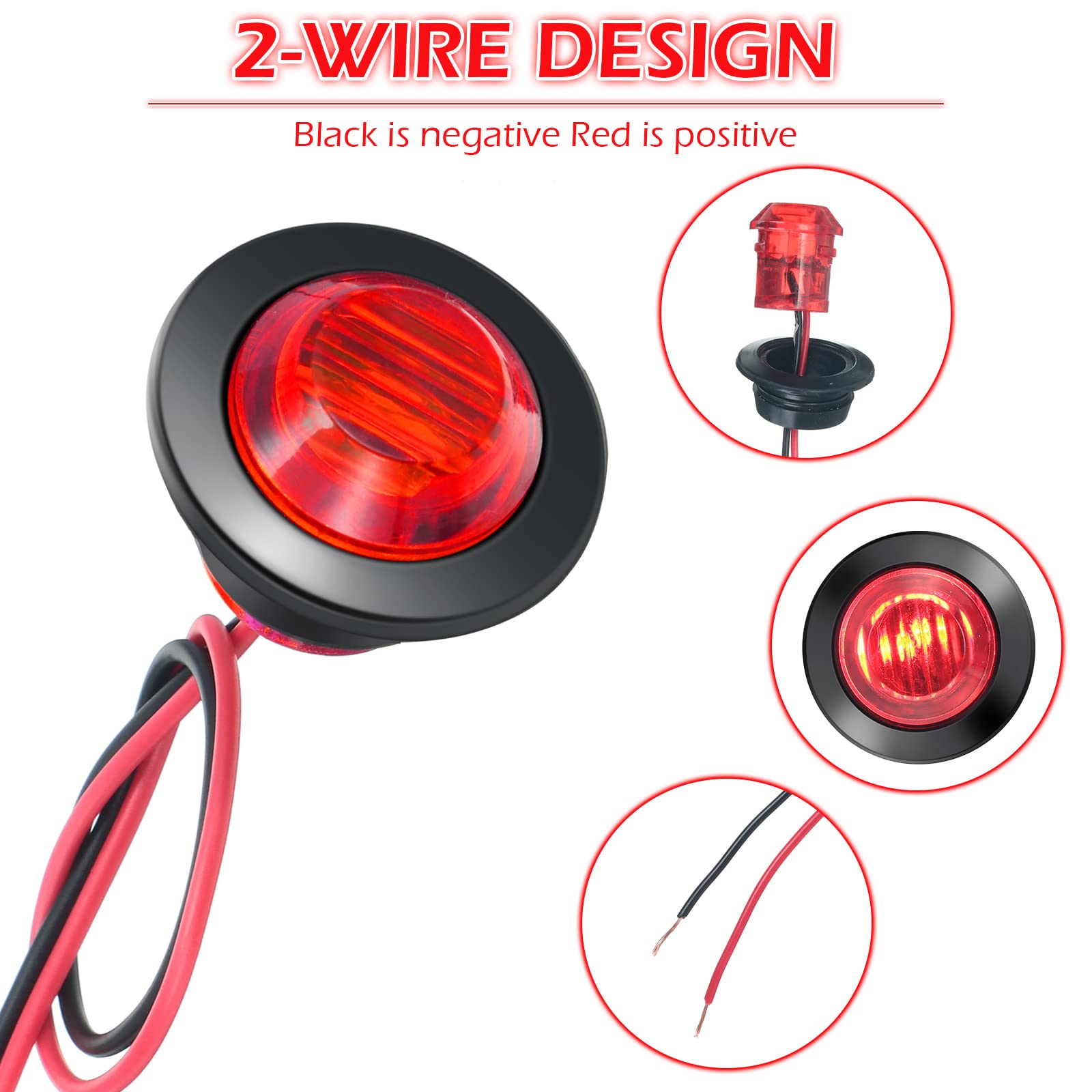 90 Pack 3/4 Inch Led Side Marker Lights Mini Trailer Button Lights Round Signal Lamp 3 Led Sealed Flush Mount Bulb For Boat Lorry Truck Pickup Bus 12V Dc, Amber, Red, White