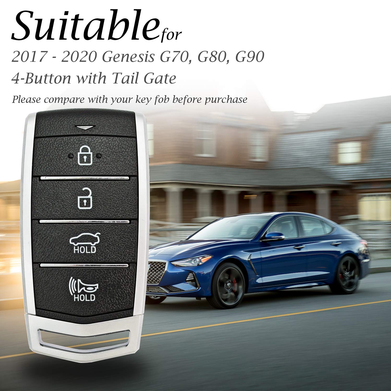 Vitodeco Genuine Leather Smart Key Fob Case Cover Protector with Leather Key Strap Compatible for 2017-2020 Genesis G70, G80, G90 (4-Button with Tailgate, Black/Red)