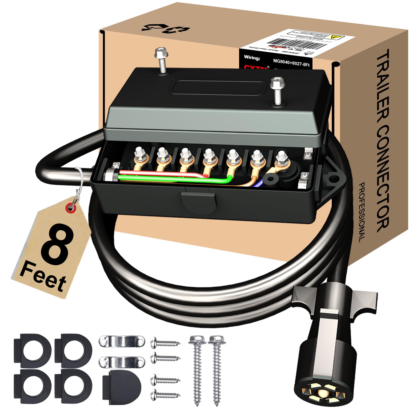 CXTM 7 Pin Trailer Wiring Harness Kit with 7 Gang Junction Box - 8 Feet, Heavy Duty 7 Wire Trailer Cable 7 Way Trailer Plug Cord