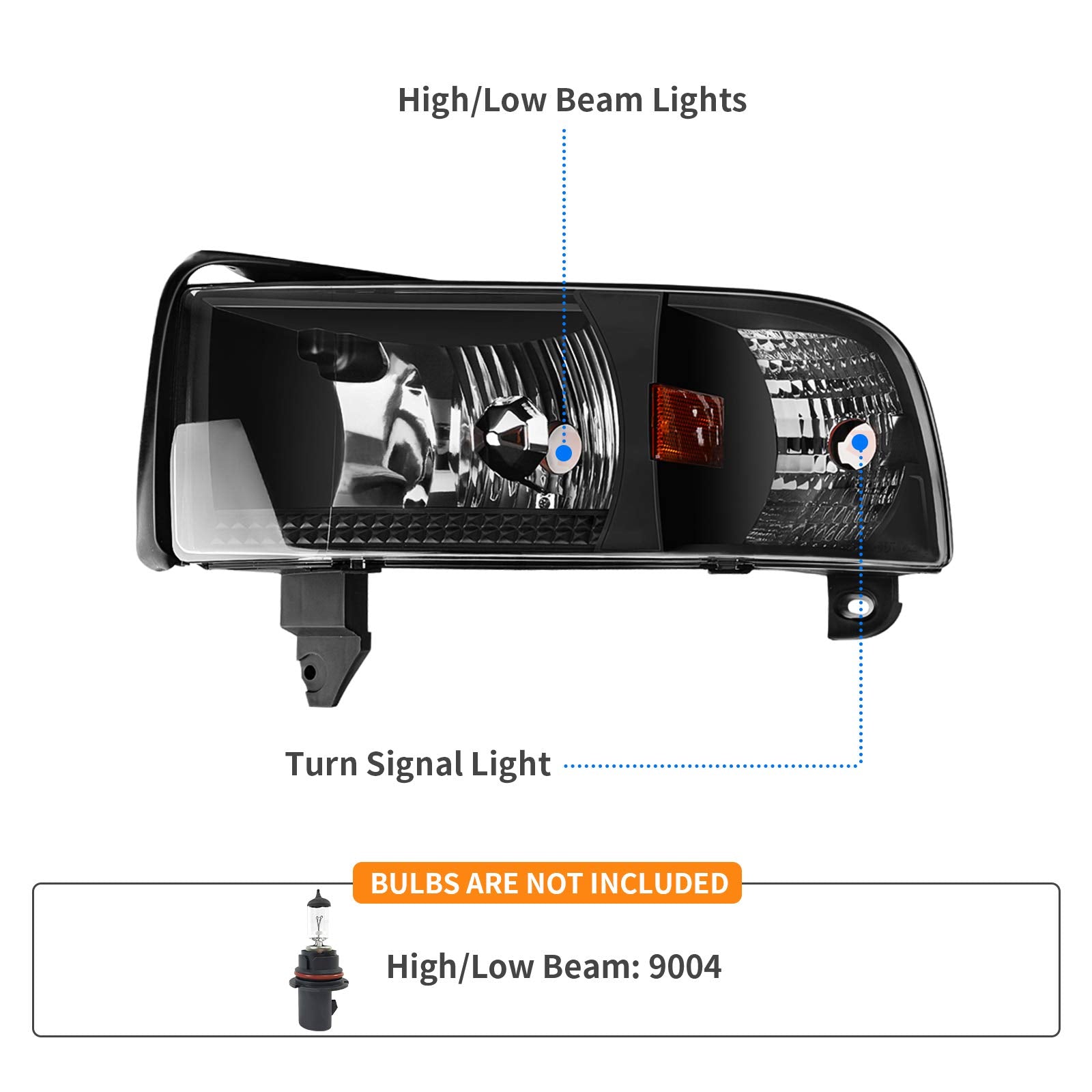 DWVO Headlight Assembly Compatible with 1994-2001 Dodge Ram 1500/94-02 Dodge Ram 2500 3500/95-02 Dodge Ram 4000 Black Housing without DRL