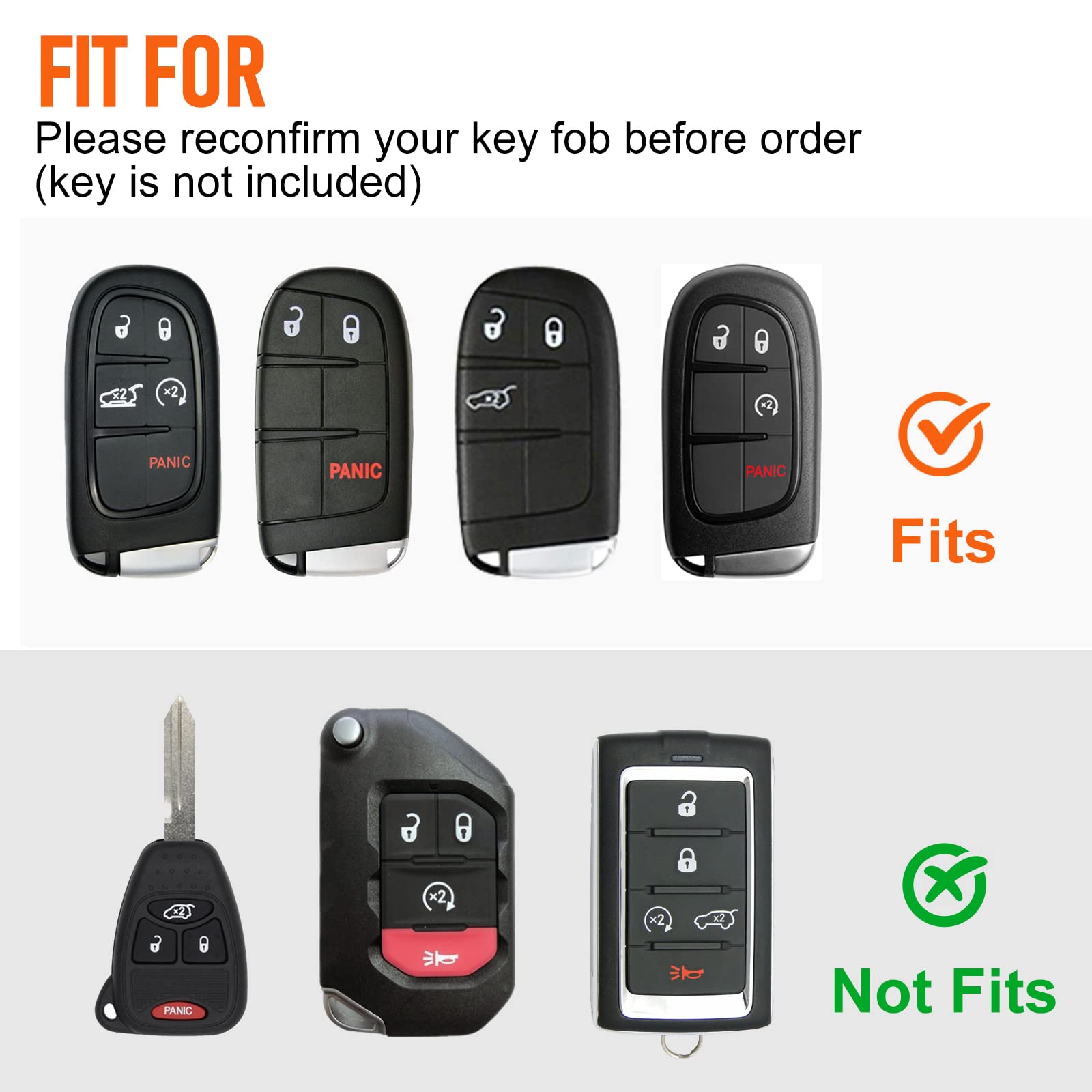 Slohif For Jeep Key Fob Cover Keychain Accessories For Grand Cherokee Renegade Chrysler 200 300 Dodge Ram Durango Charger Challenger Journey Dart Fiat 5 Buttons, Leather Case+D-Ring+Hook(Black)