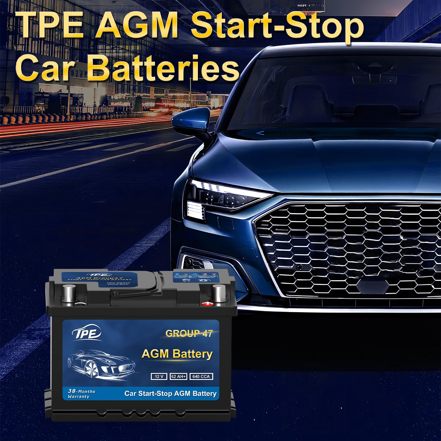 TPE AGM Battery BCI Group 47, Maintenance Free 12V 62Ah, H5 Size, 100RC, 640CCA, Automotive Battery, Reliable Performance for Ca