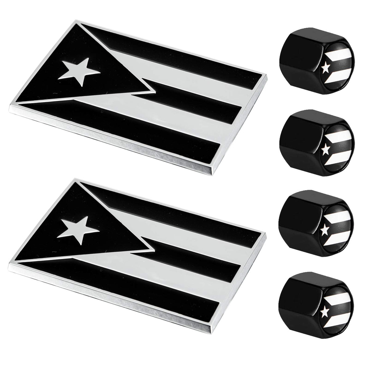 Dsycar 2 Pack Puerto Rico Black And White Flag Metal Decal Auto Emblem - Gifts 4 Free Puerto Rico Flag Valve Stem Caps (Black White Puerto Rico Flag)