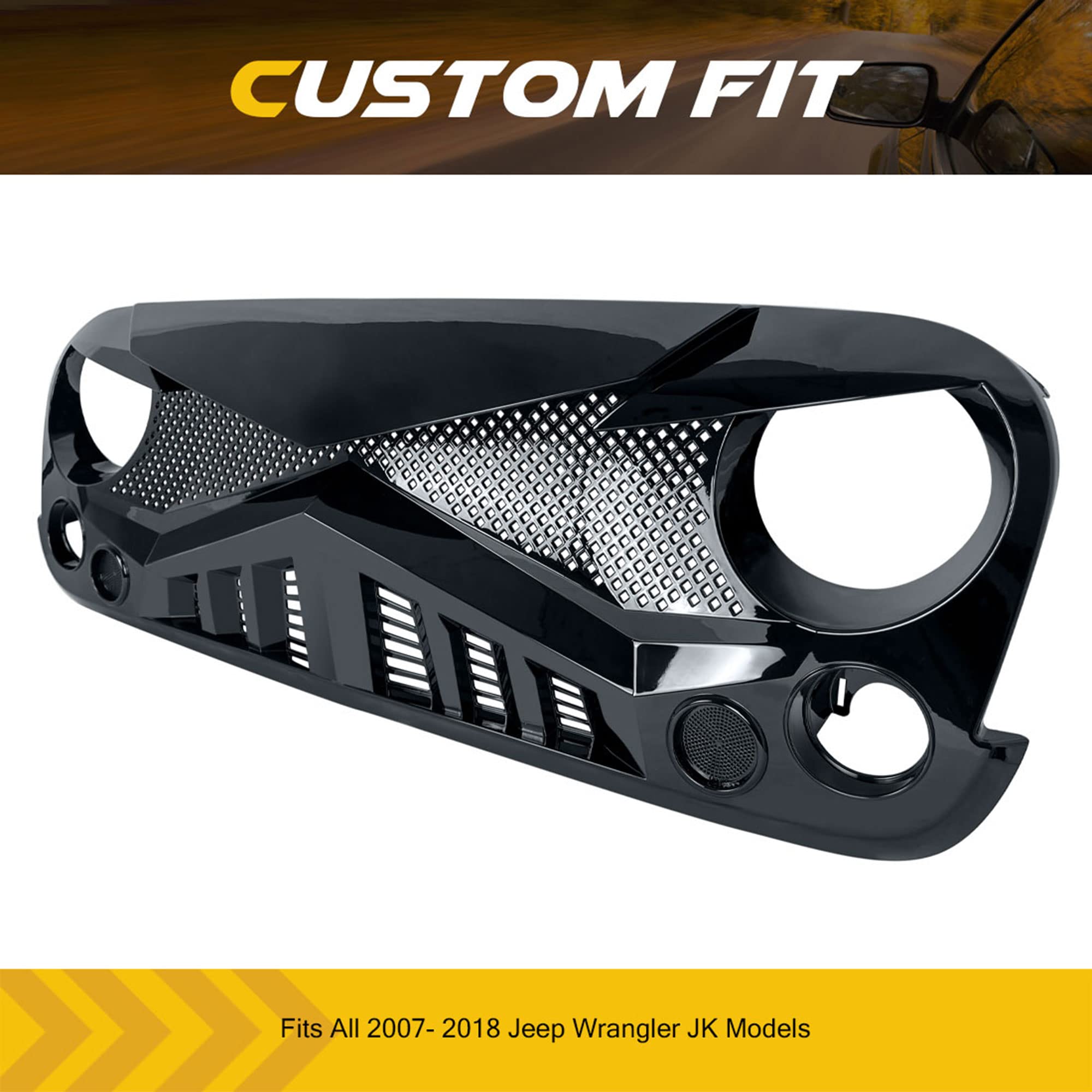 American Modified Hawke Easy Installation Aggressive Front Grille Cover For 2007 To 2018 Jeep Wrangler Jk, Glossy Black